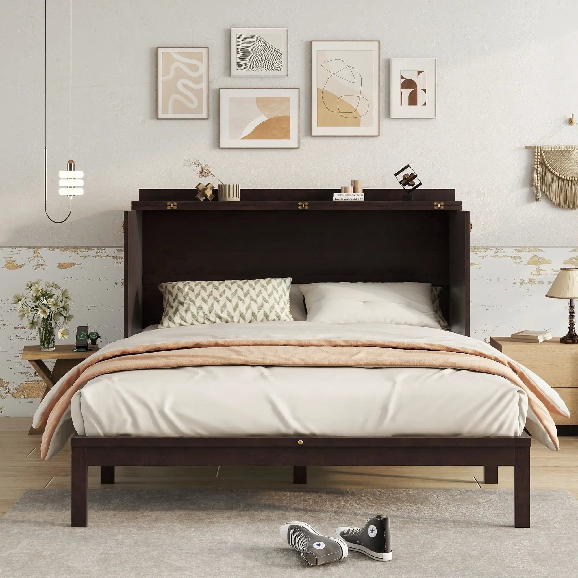 Queen Size Murphy Bed, Pine Wood Cabinet Bed with Power Station and Rattan Decoration Panel,Espresso