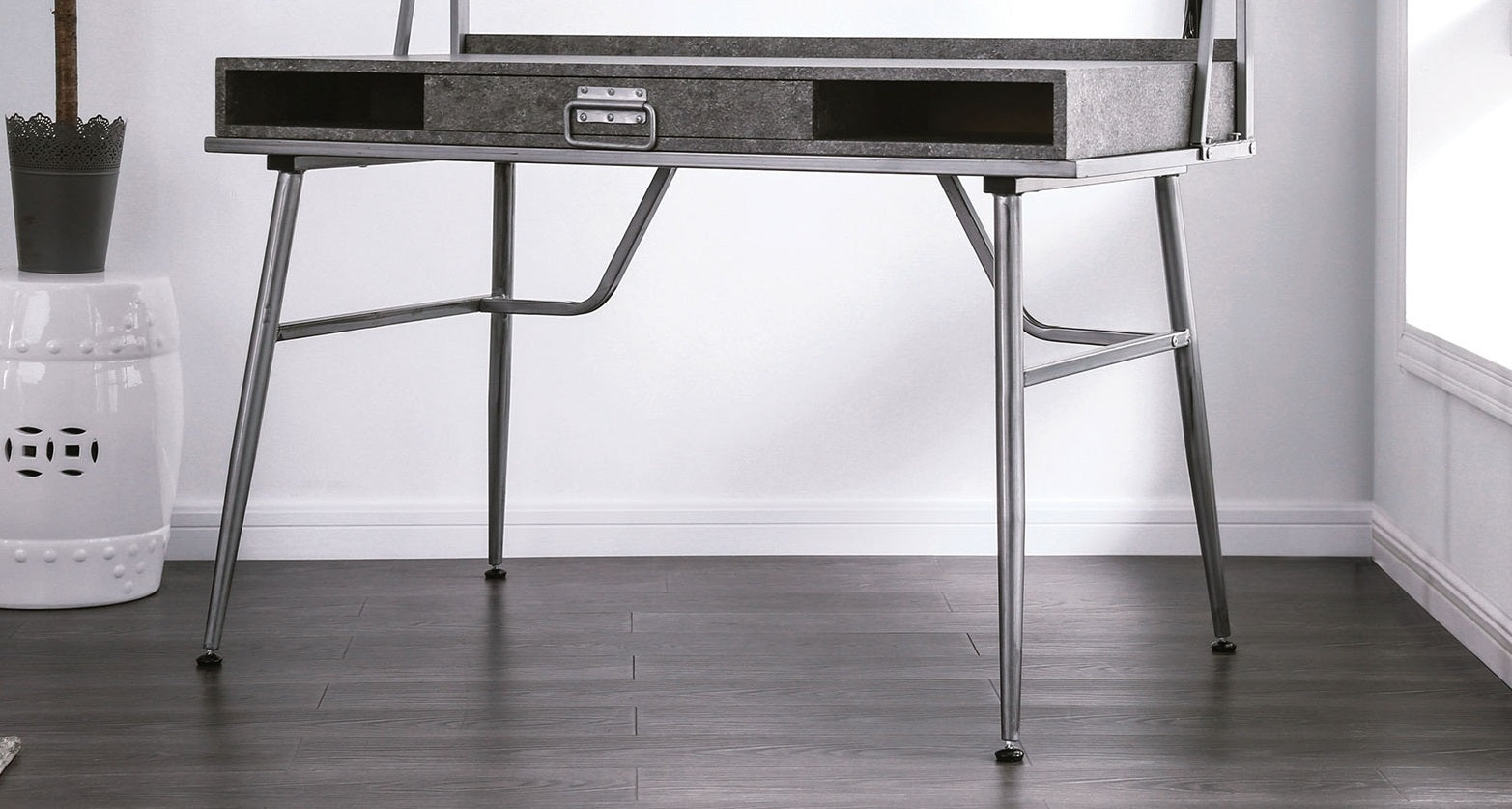 Modern Industrial Computer Desk USB Port One Drawer And Two Shelves With Metal Legs