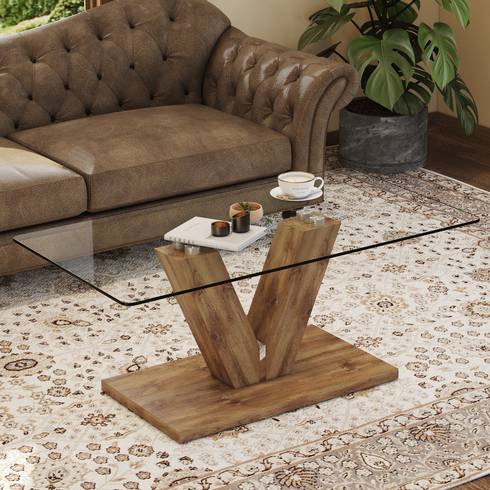 A modern minimalist style coffee table. Transparent tempered glass tabletop with wooden MDF columns. Suitable for living room and dining room.  CT-V