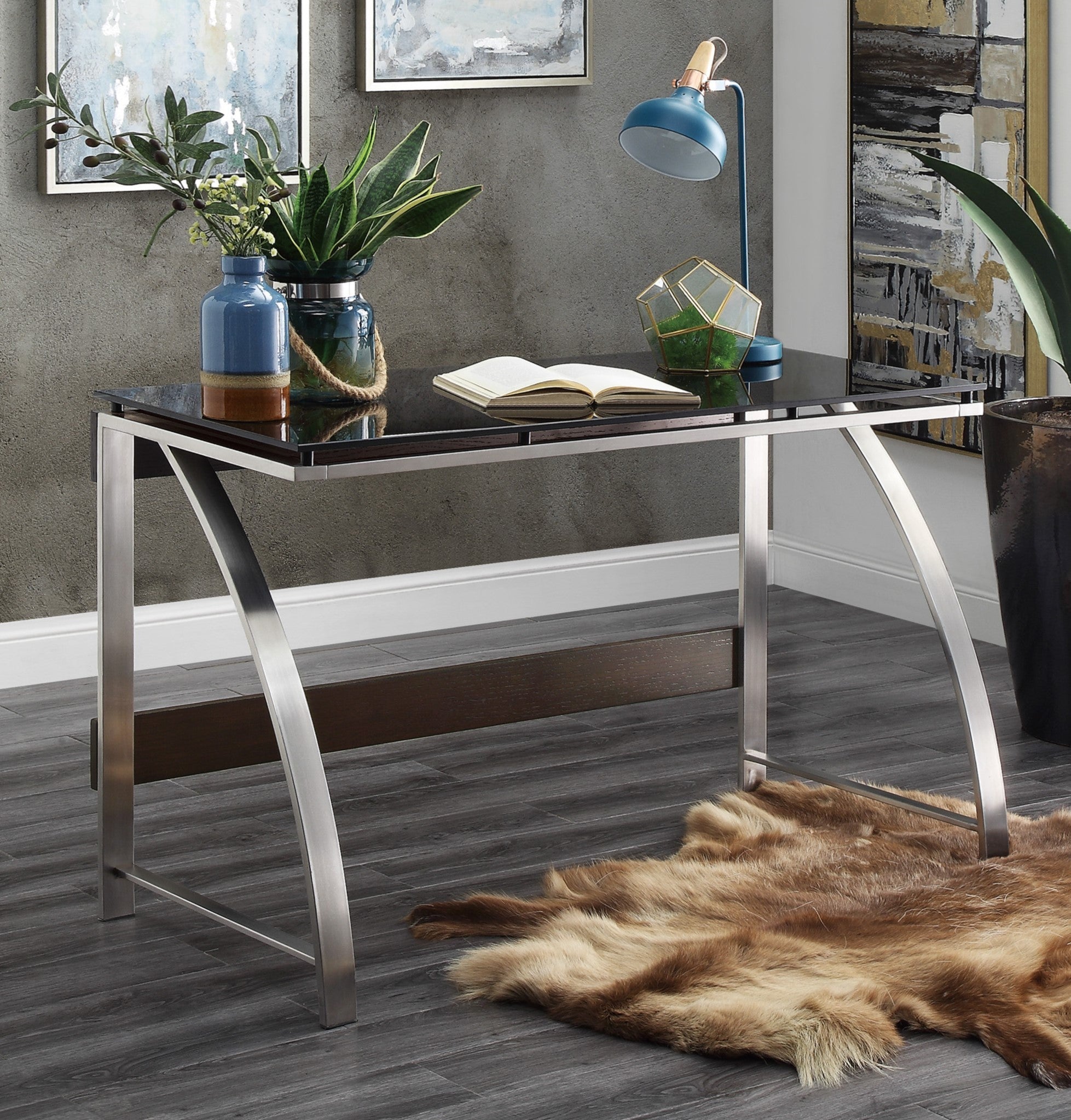 Modern Design Writing Desk Glass Top Stainless Steel Frame Furniture 1pc