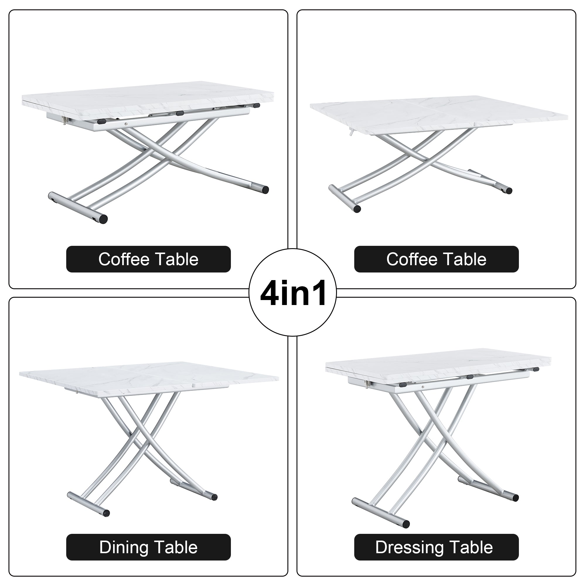 Modern minimalist multifunctional lift table with 0.8 inch MDF desktop and silver metal legs, can be used as a dressing table, coffee table, dining table, and office table