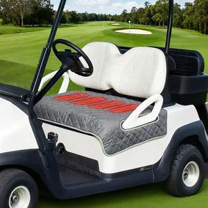 Three-piece golf cart seat cushion set with USB heated pad; grey quilted seat cover and white backrest cushions.