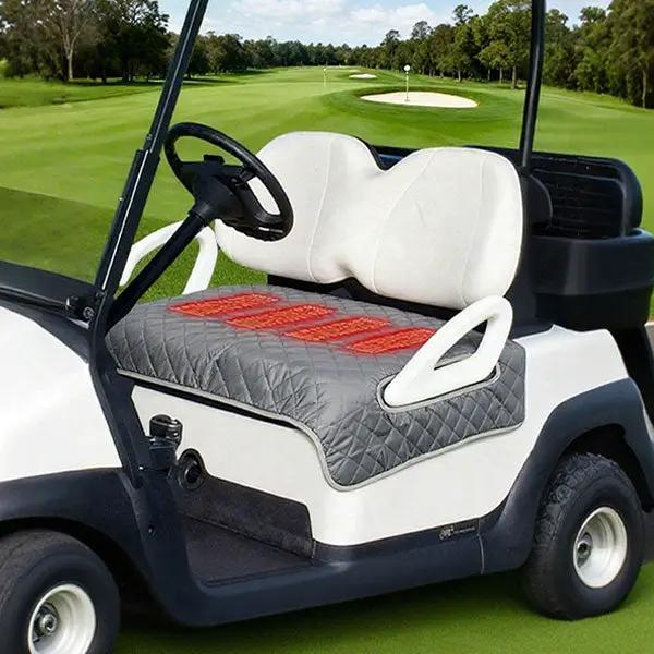 Three-piece golf cart seat cushion set with USB heated pad; grey quilted seat cover and white backrest cushions.