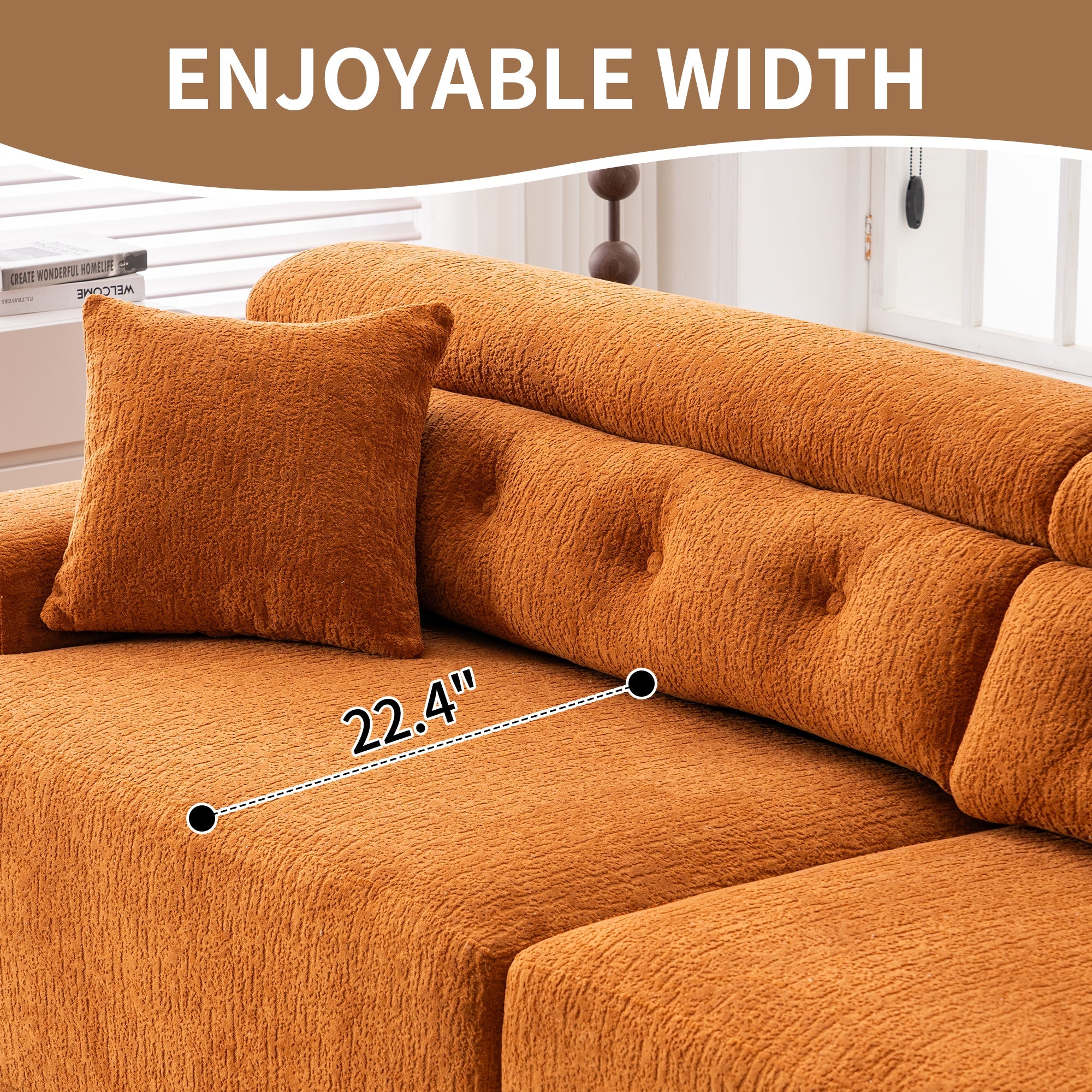 LY-029 Reconfigurable 4-Seater Sectional Sofa with Wood Grain Chenille Fabric, Amber Orange Modular Sofa with 2 Pillows, High-Density Sponge Couch for Living Room & Apartment