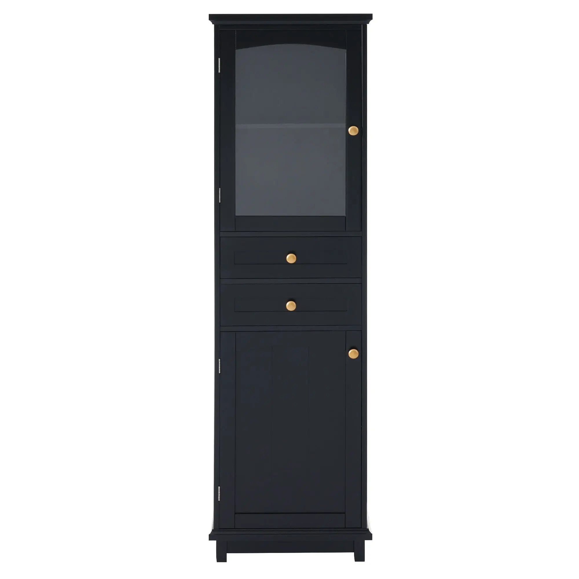 Tall Bathroom Storage Cabinet With Glass Doors, Free-Standing, Two Drawers, And Adjustable Shelves, Board, Painted Perfect For Displaying Your Favorite Items