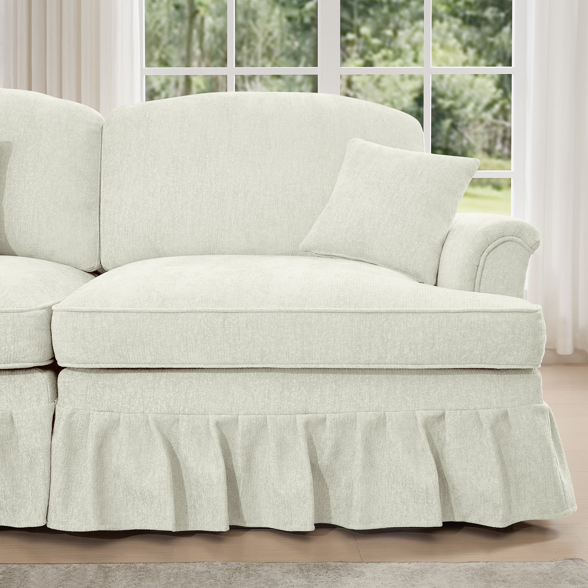 Classic Comfy Modular U Shape Sectional Sofa Couch with Flared Arms and Removable Ruffles Pleats Skirts and Spindle Legs, Upholstered Chenille Deep Seat Cloud Sofa with Movable Ottomans, Beige White