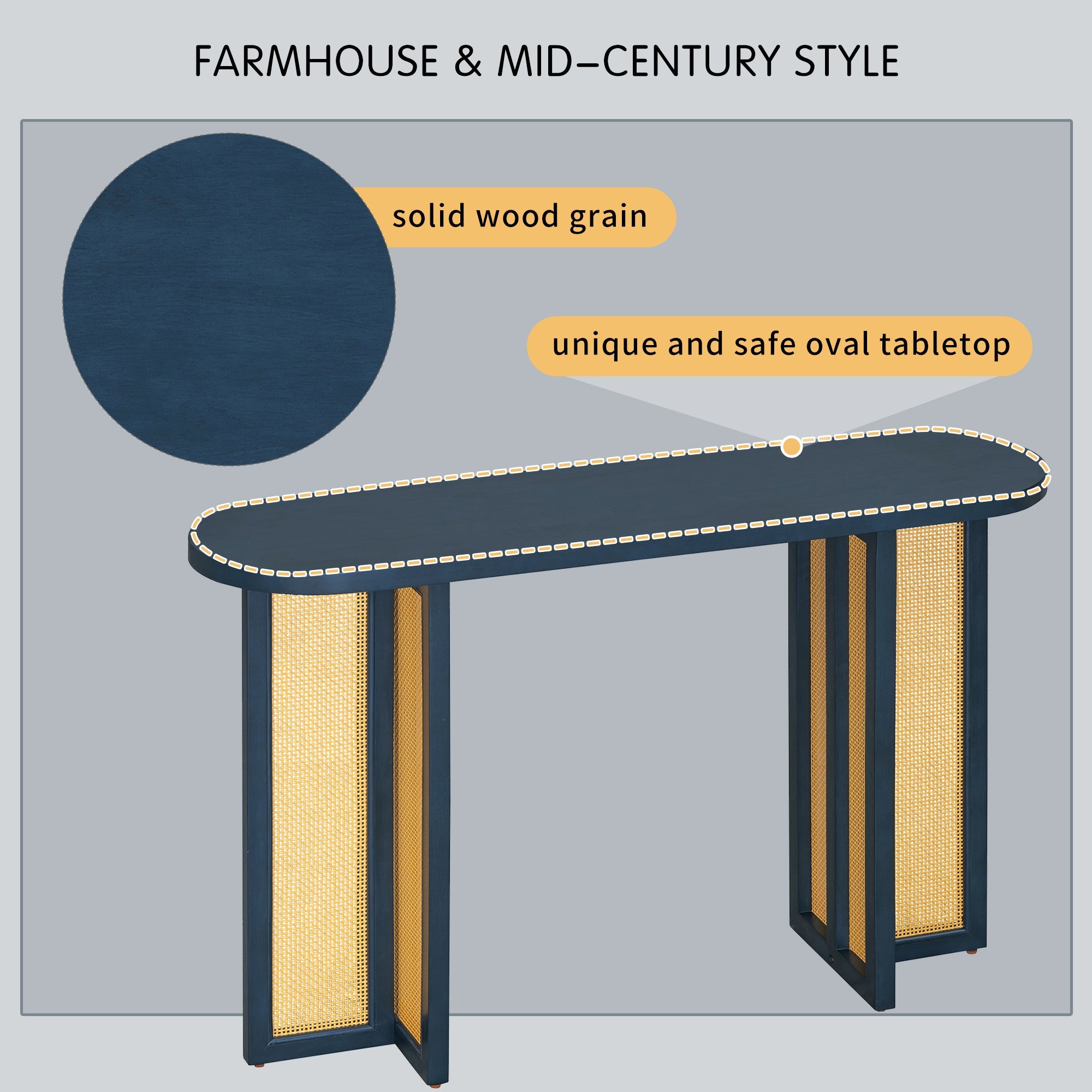 TREXM Farmhouse Rattan Console Table Entryway Table, Narrow Console Table with Storage, Hallway Table for Living Room, Entrance (Navy)
