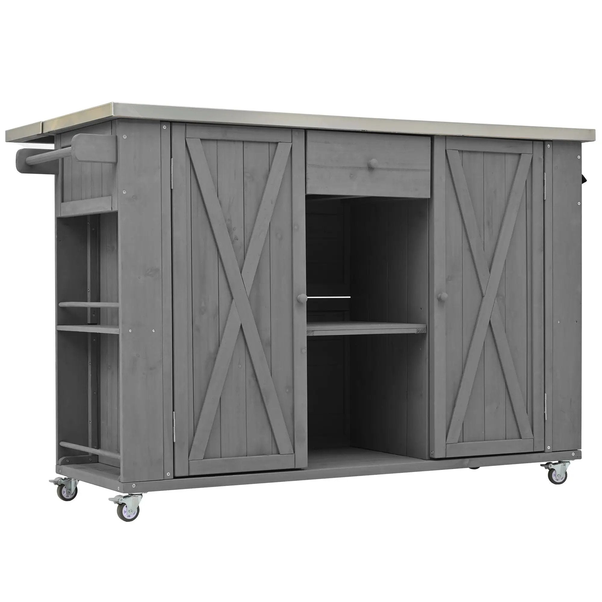 Outdoor Kitchen Island With Stainless Steel Top, Ample Storage Space, Towel And Spice Racks And A Bottle Opener