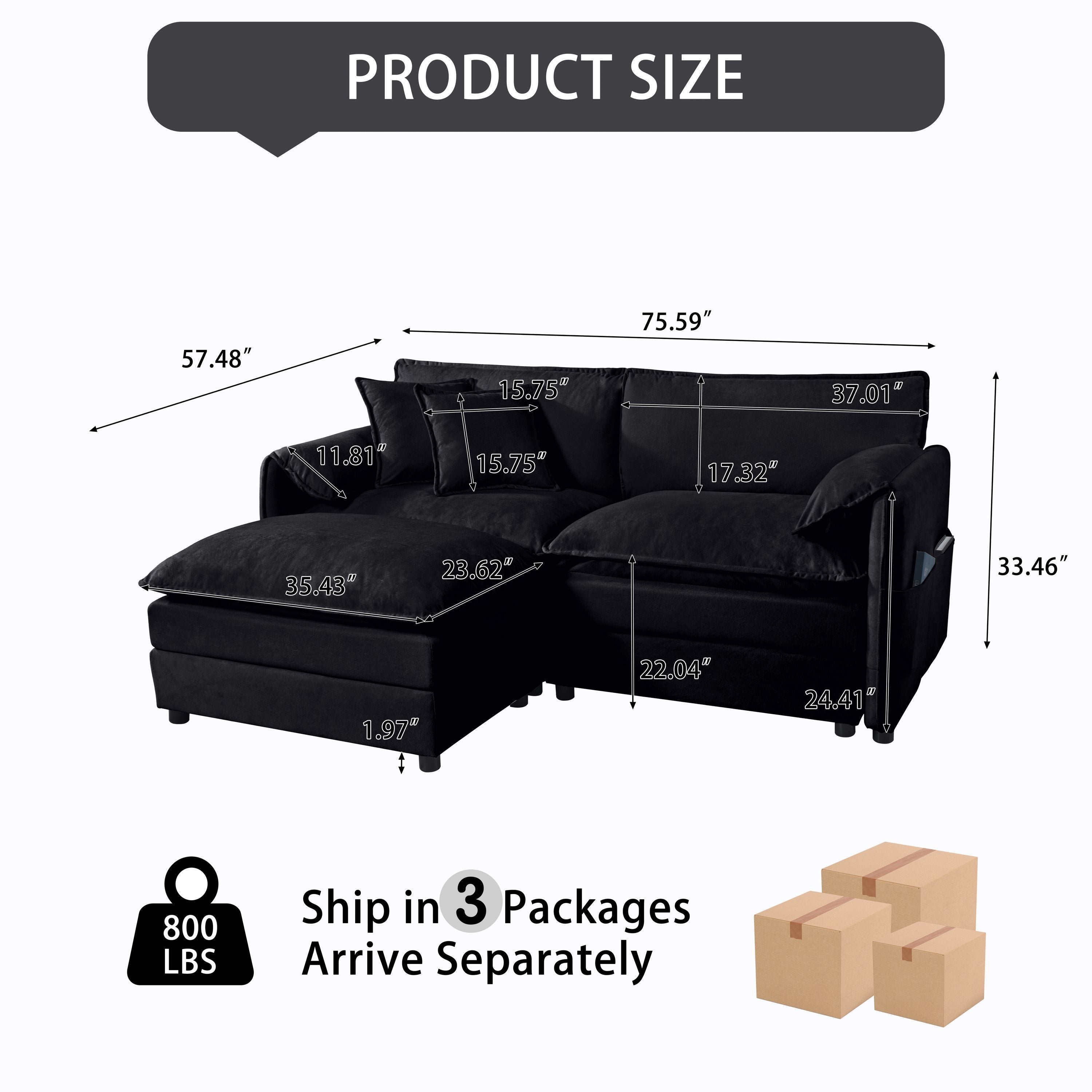 Deep Seat Sectional Sofa Cloud Couch with Ottoman,  Modern Chenille Comfy Love Seat Upholstered Modular L Shaped Couch for Living Room, Apartment, Office,DIY Combination,Black