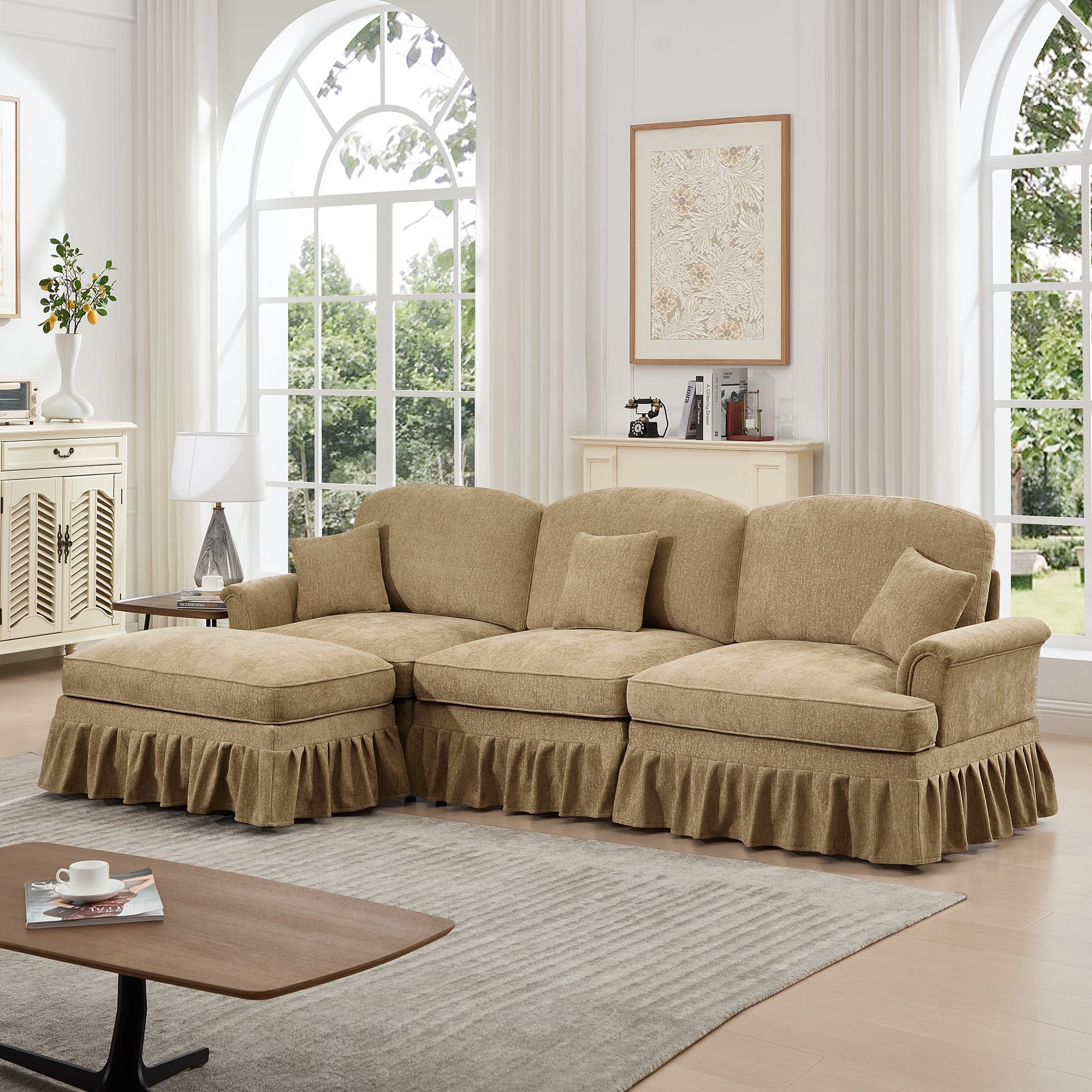 Mid Century Three Seater Modular L Shaped Sectional Couch with Flared Arms and Removable Ruffles Pleats Skirts and Spindle Legs, Comfy Chenille 3-Seat Deep Seat Sofa with Movable Ottoman,Light Coffee