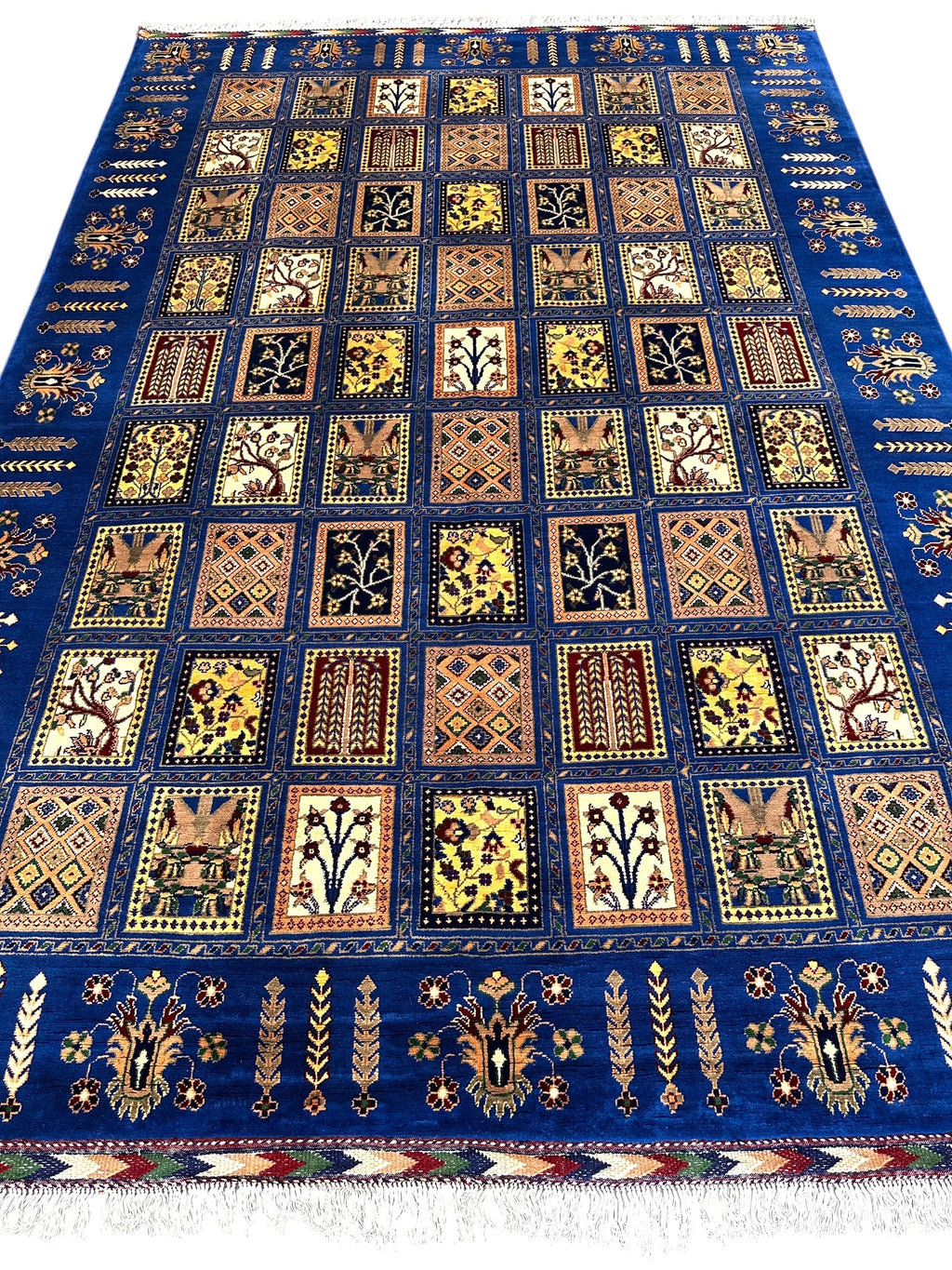 6'9″ x 10' Hand-Knotted Afghani Bakhtiari Wool Rug – Persian Garden Design – Blue & Cream