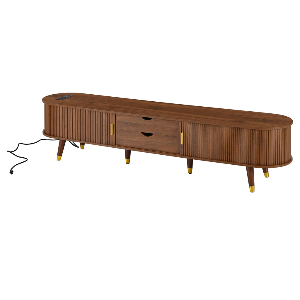 Wooden Farmhouse TV Stand & Coffee Table Set with Charging Station, Oval Fluted Media Console with Sliding Doors for TVs up to 80', Mid-Century Center Table with Solid Wood Legs for Living Room,Walnut