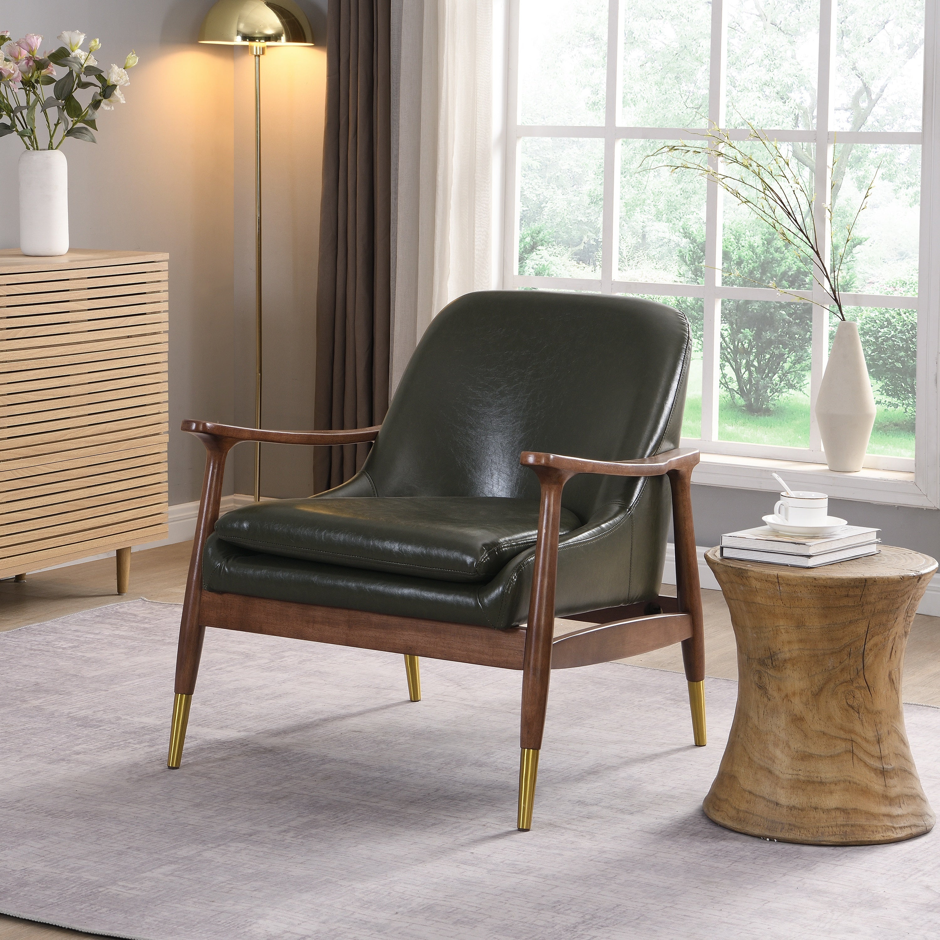 Mid-Century Faux Leather Accent Chair with Cushioned Seat, Solid Wood Frame, Brass-Tipped Legs, Cognac-Brown