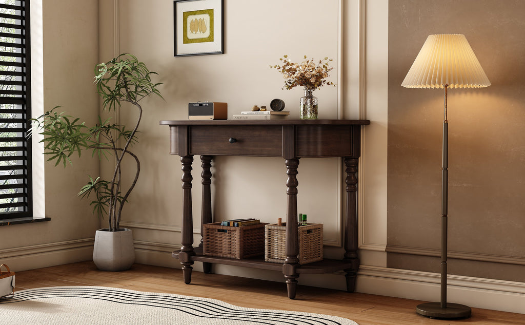 TREXM Narrow Console Table with Curved Corner, Retro Entryway Table with Top Drawer and Open Shelf, Sofa Table Console Tables for Entryway, Hallway and Living Room (Espresso)