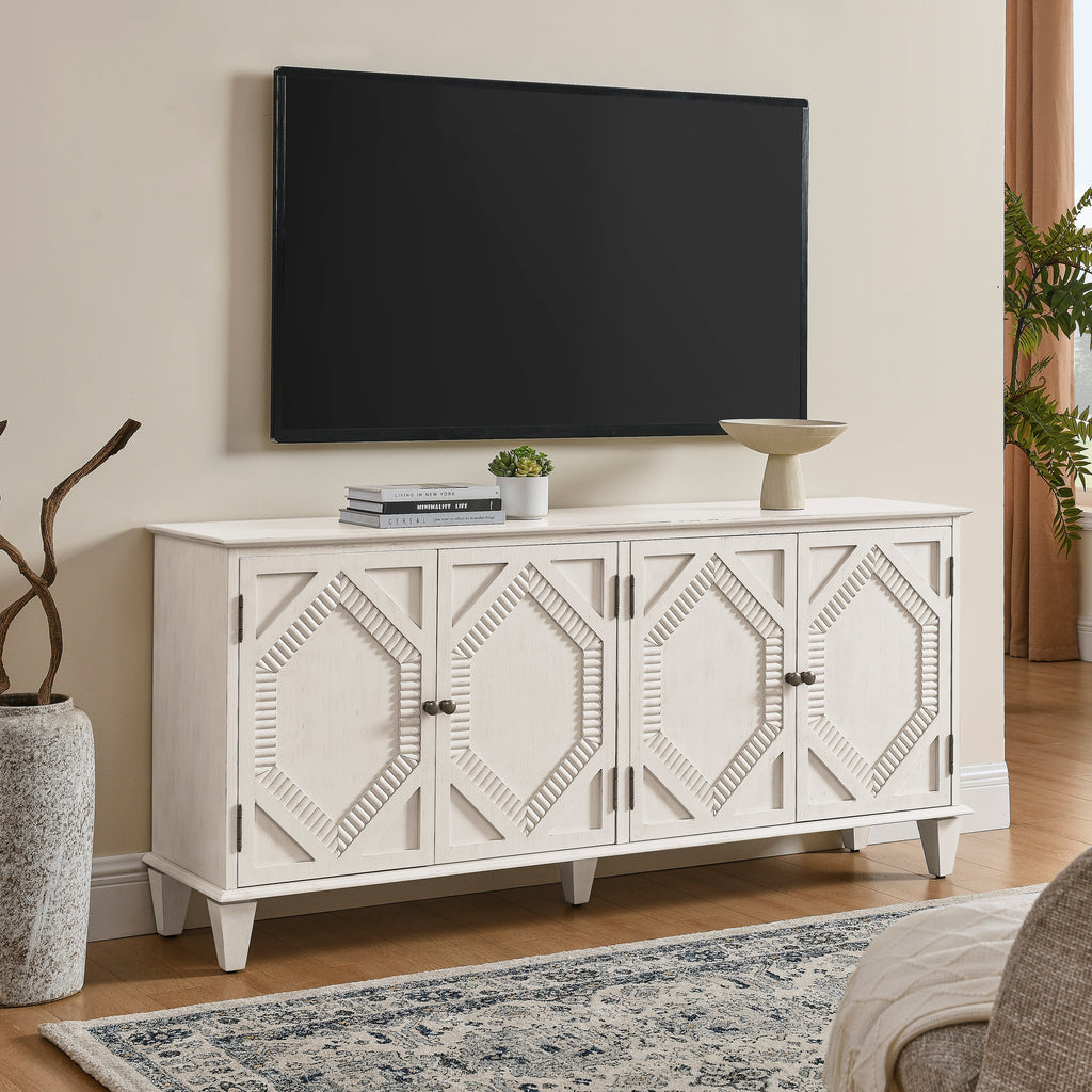 65.2' Mid Century Modern Sideboard Buffet Cabinet with Storage, Symmetrical Geometric Accent Coffee Bar Wine Bar Storage Cabinet, Large Console Table for Living Room/Entryway/Kitchen, Antique White