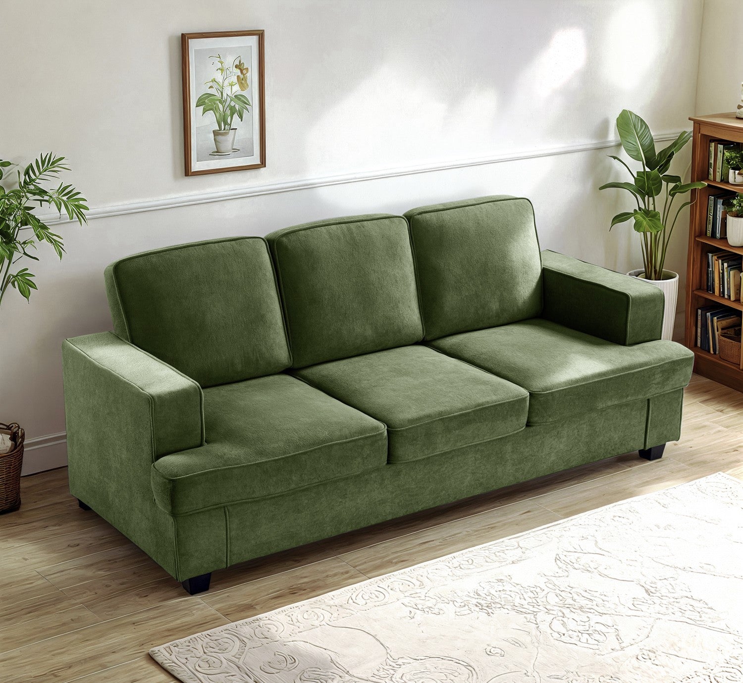 Modern Velvet Sofa, Comfortable 3 Seater Couch with Deep Seating and High-Density Foam, Loose Back Cushions, Wide Arms, Living Room Furniture for Home, Apartment, Office, Green