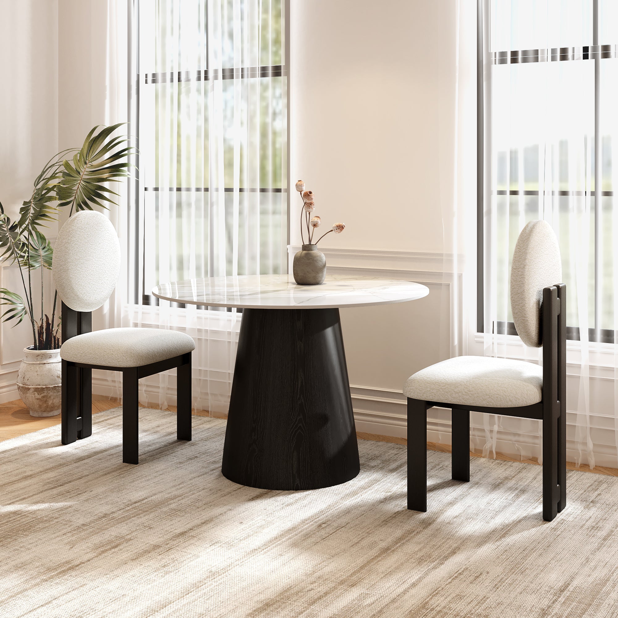 Small Round Modern Dining Table 43' Kitchen Table With Black Pedestal For 5 Person - White Grey