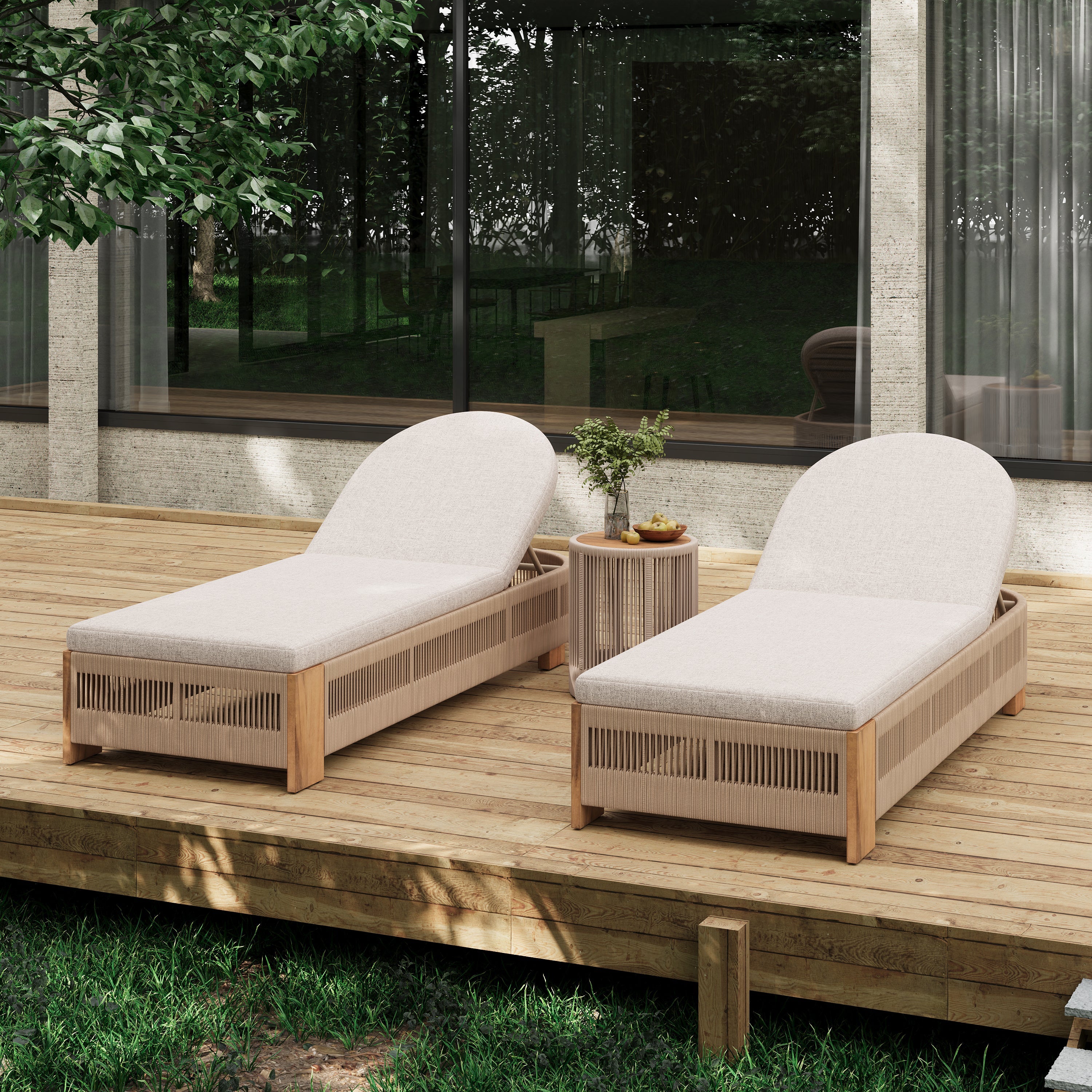 Outdoor Rope Chaise Lounge Set of 5, Patio Lounge Chairs, Outside Poolside Lounge Furniture, Teak look wood Side Table and Beige Cushions, Chaise Lounge with Adjustable Backrest( Beige rope)