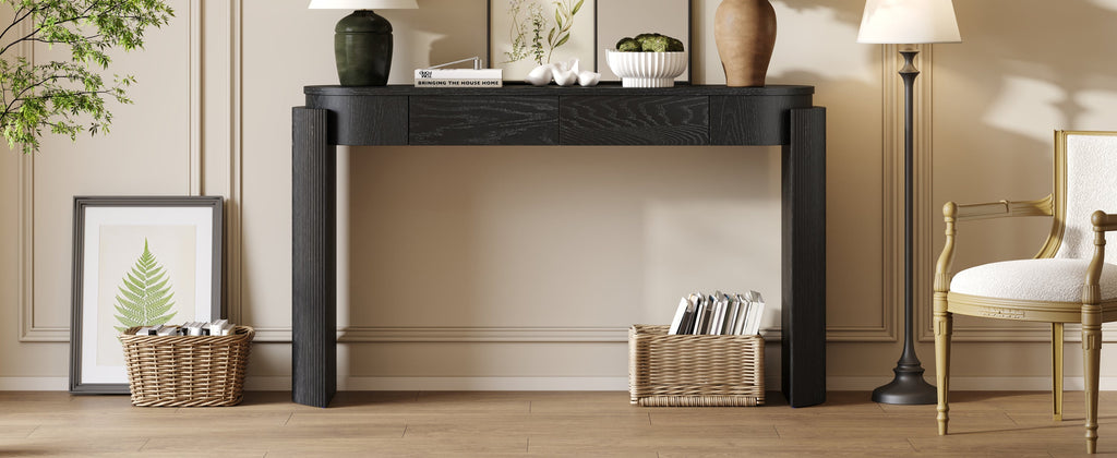 TREXM Entryway Table with Natural Wood Grain Finish, Console Table with Fluted Design, Oval Top and 2 Drawers for Entryway and Living Room (Black)