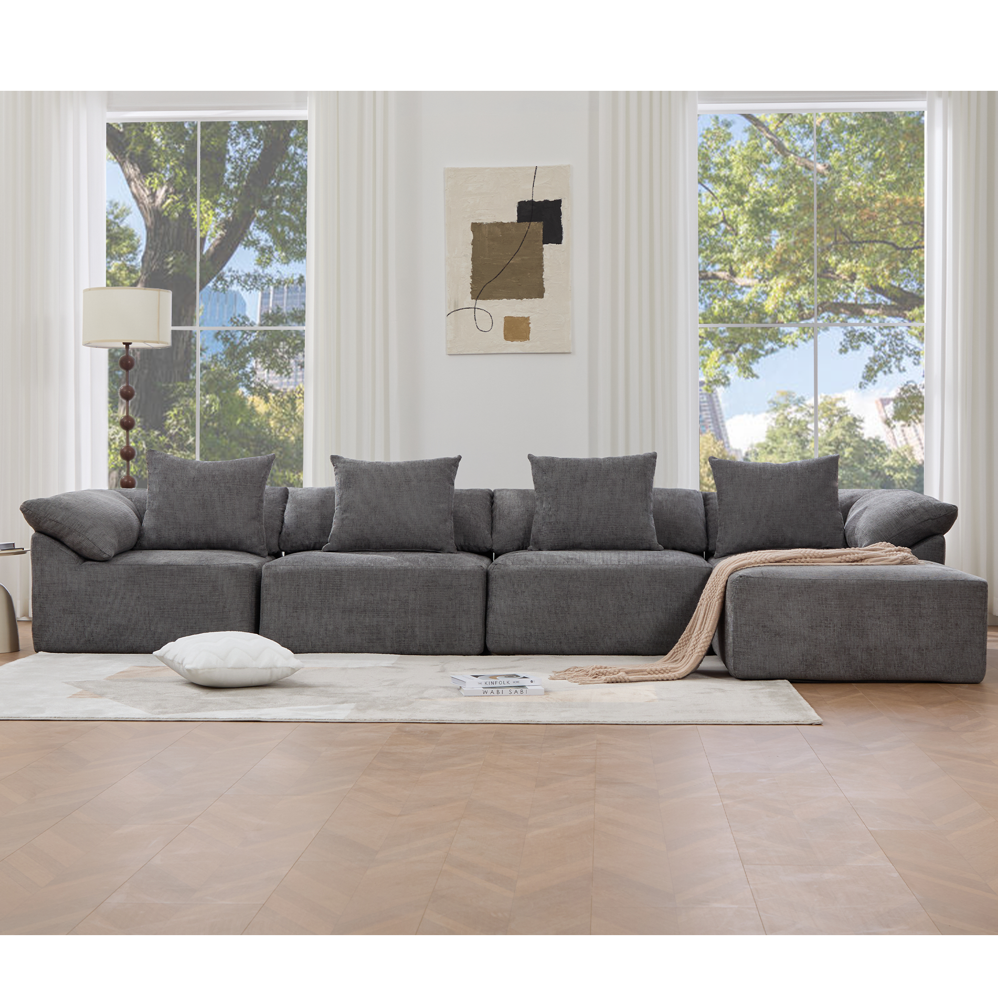 142' L Shaped Modular Sectional Sofa,No Assembly,5 Piece Couch, Convertible Sleeper Couch,Full-Compressed Couch,Free-Combined Couches,5 Seat & Ottoman,Chenille,Gray