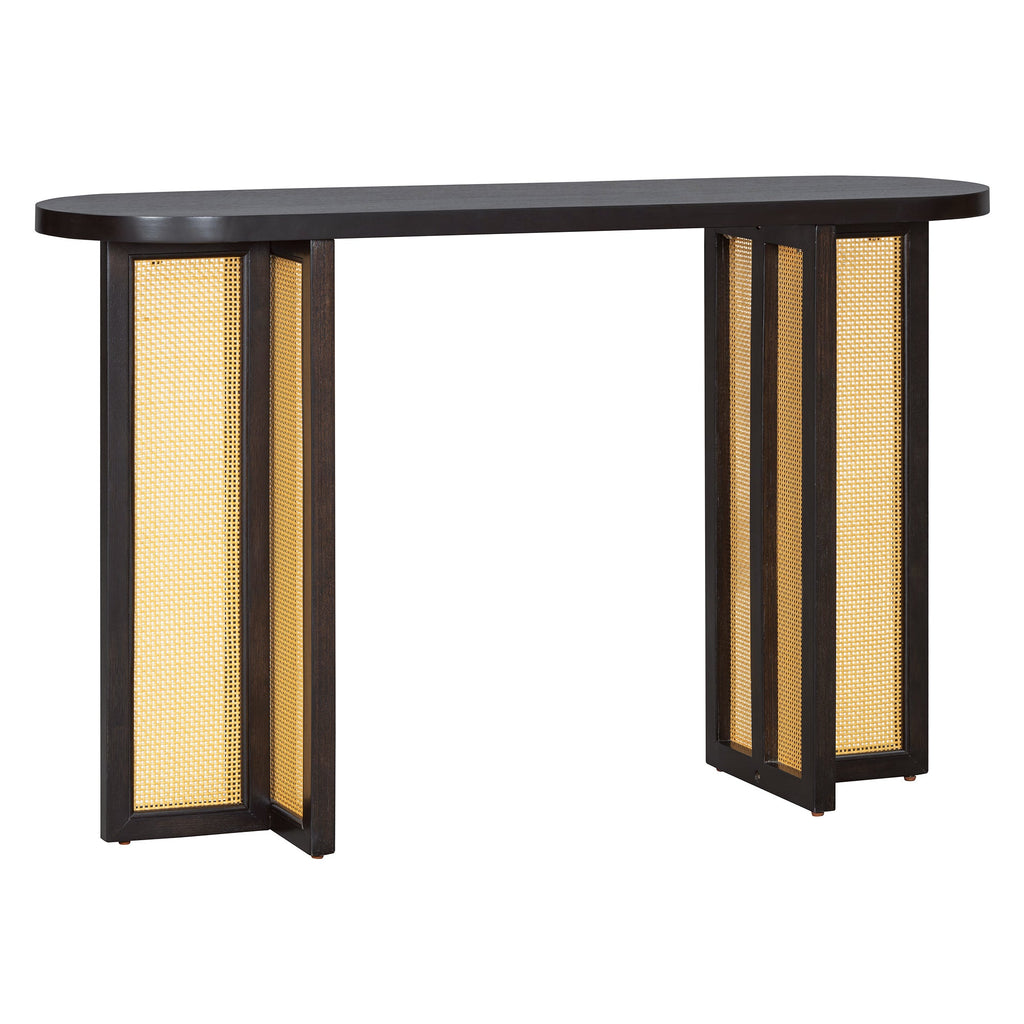 TREXM Farmhouse Rattan Console Table Entryway Table, Narrow Console Table with Storage, Hallway Table for Living Room, Entrance (Espresso)