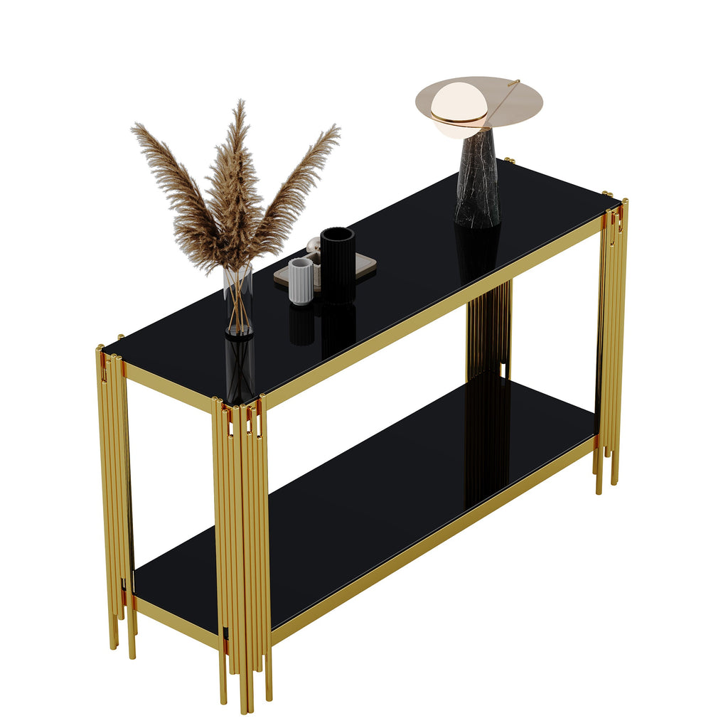Top and Bottom Double Layer Tempered Glass Console Table and Mirror Finished Stainless Steel Frame