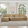 Classic Three Seater Modular L Shaped Sectional Couch with Flared Arms and Removable Ruffles Pleats Skirts and Spindle Legs, Comfy Chenille Four-Seat Deep Seat Sofa with Movable Ottoman, Light Coffee
