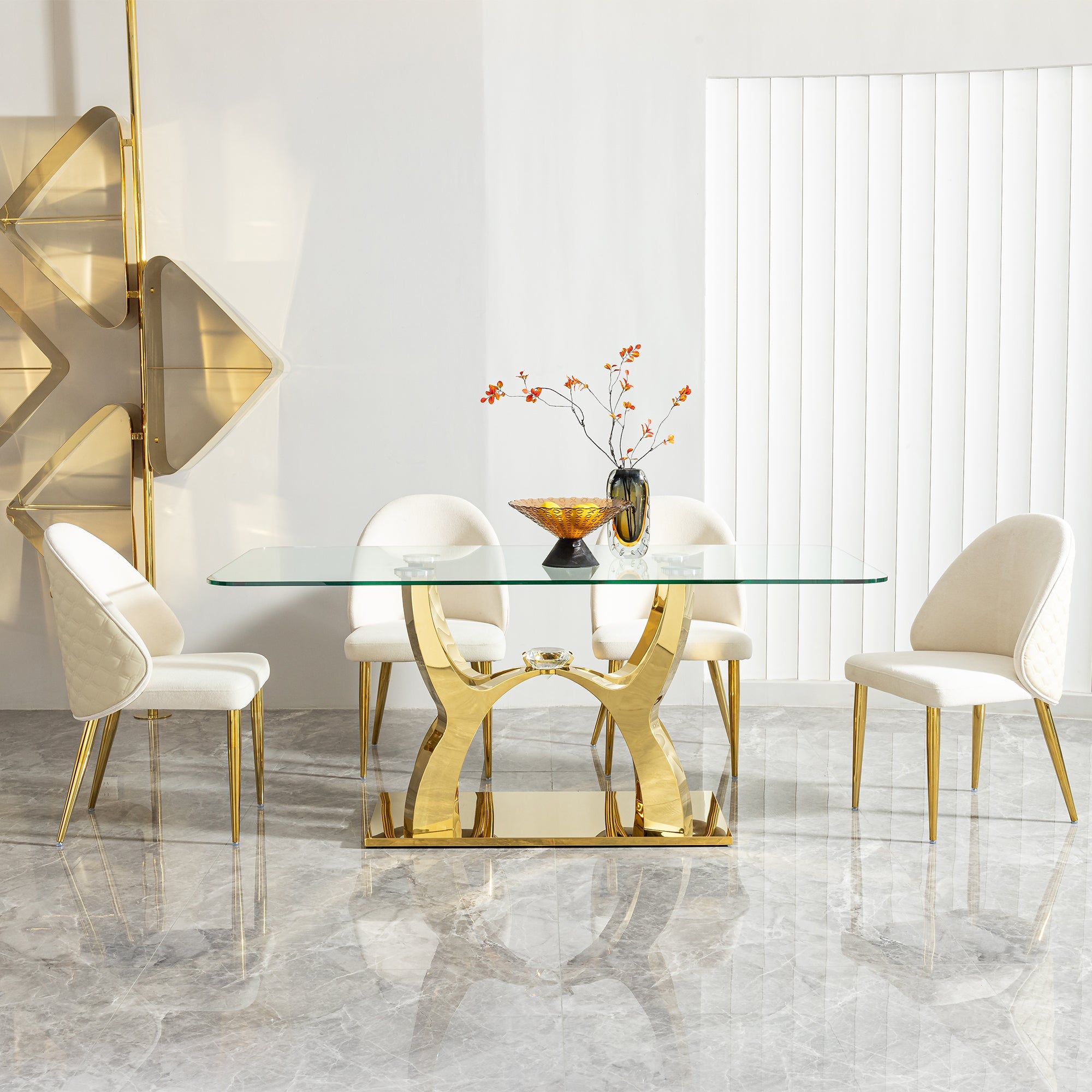 70.08 in. Tempered Clear Glass Rectangular Dining Table with Gold Stainless Steel Base, 0.47 in. Thickness