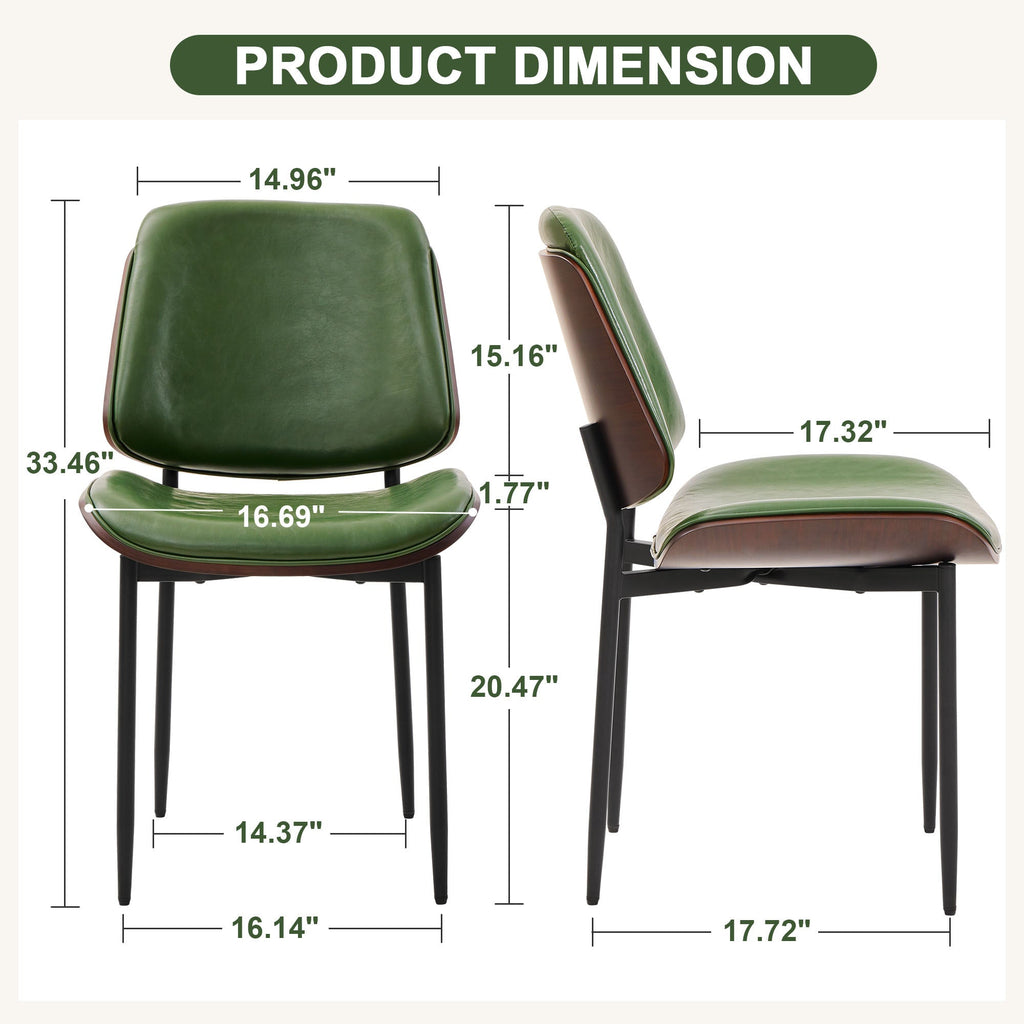 Mid-Century Dining Chairs Set of 2 – PU Leather Upholstered, Retro Walnut Bentwood Design with Adjustable Metal Legs, Green