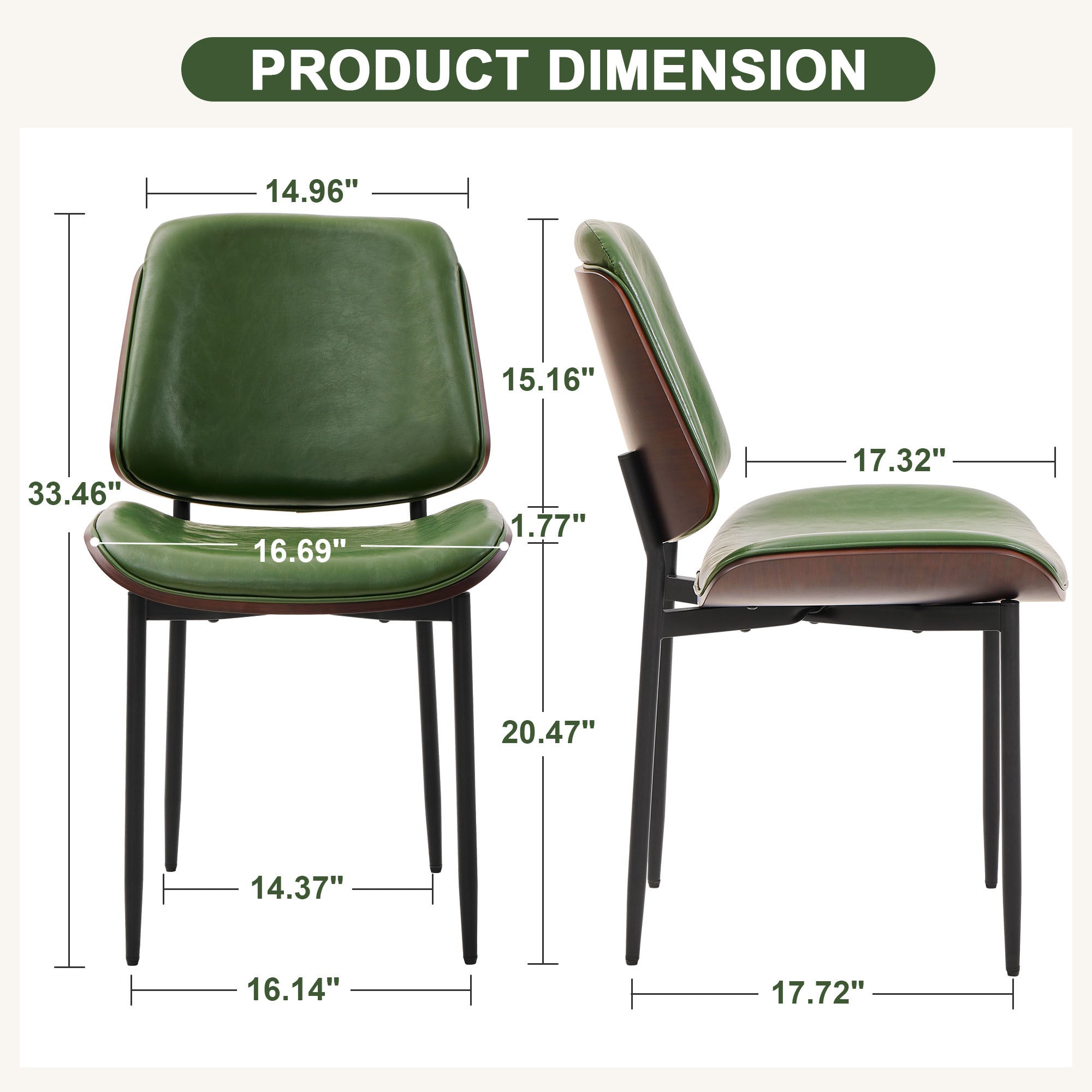 Mid-Century Dining Chairs Set of 2 – PU Leather Upholstered, Retro Walnut Bentwood Design with Adjustable Metal Legs, Green