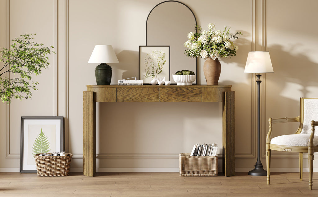 TREXM Entryway Table with Natural Wood Grain Finish, Console Table with Fluted Design, Oval Top and 2 Drawers for Entryway and Living Room (Pine Wood)