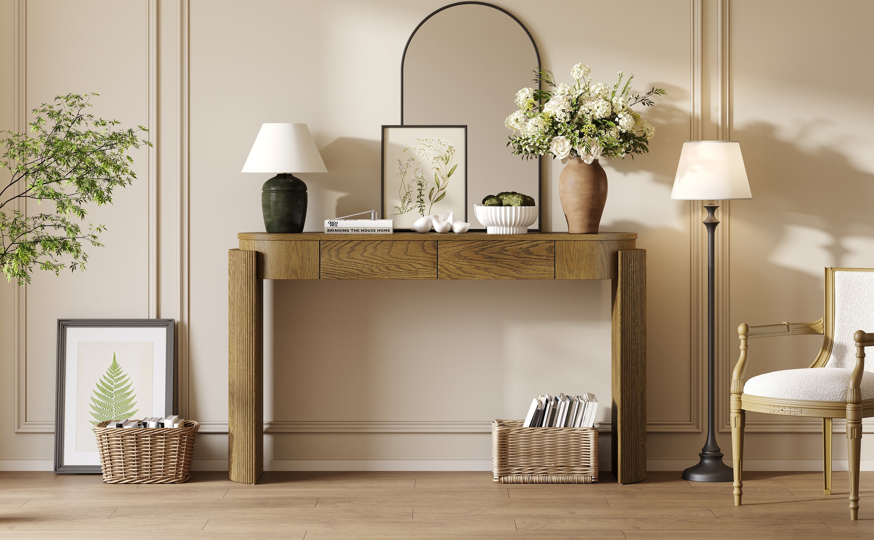 TREXM Entryway Table with Natural Wood Grain Finish, Console Table with Fluted Design, Oval Top and 2 Drawers for Entryway and Living Room (Pine Wood)