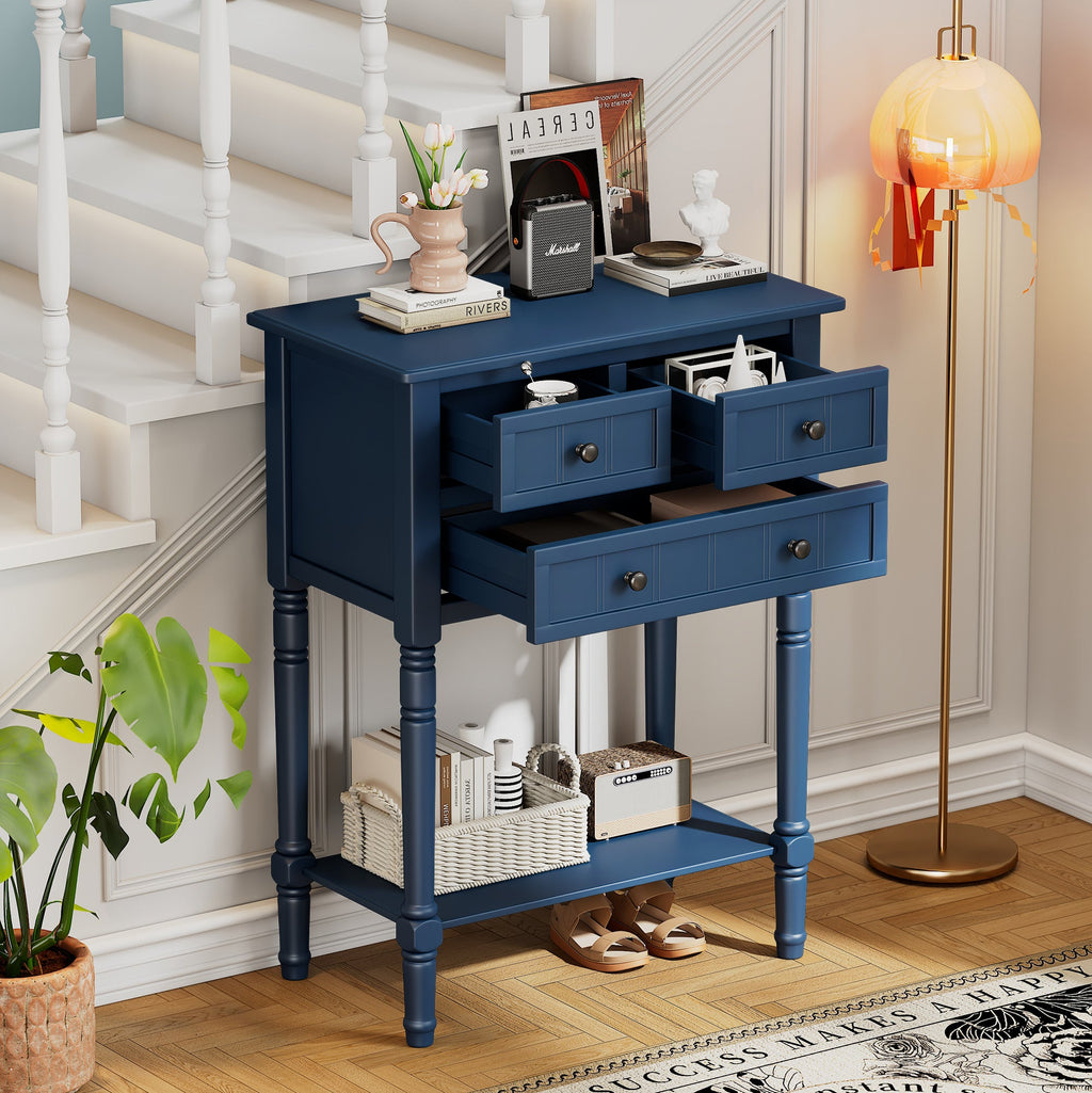TREXM Narrow Console Table, Slim Sofa Table with Three Storage Drawers and Bottom Shelf (Navy)
