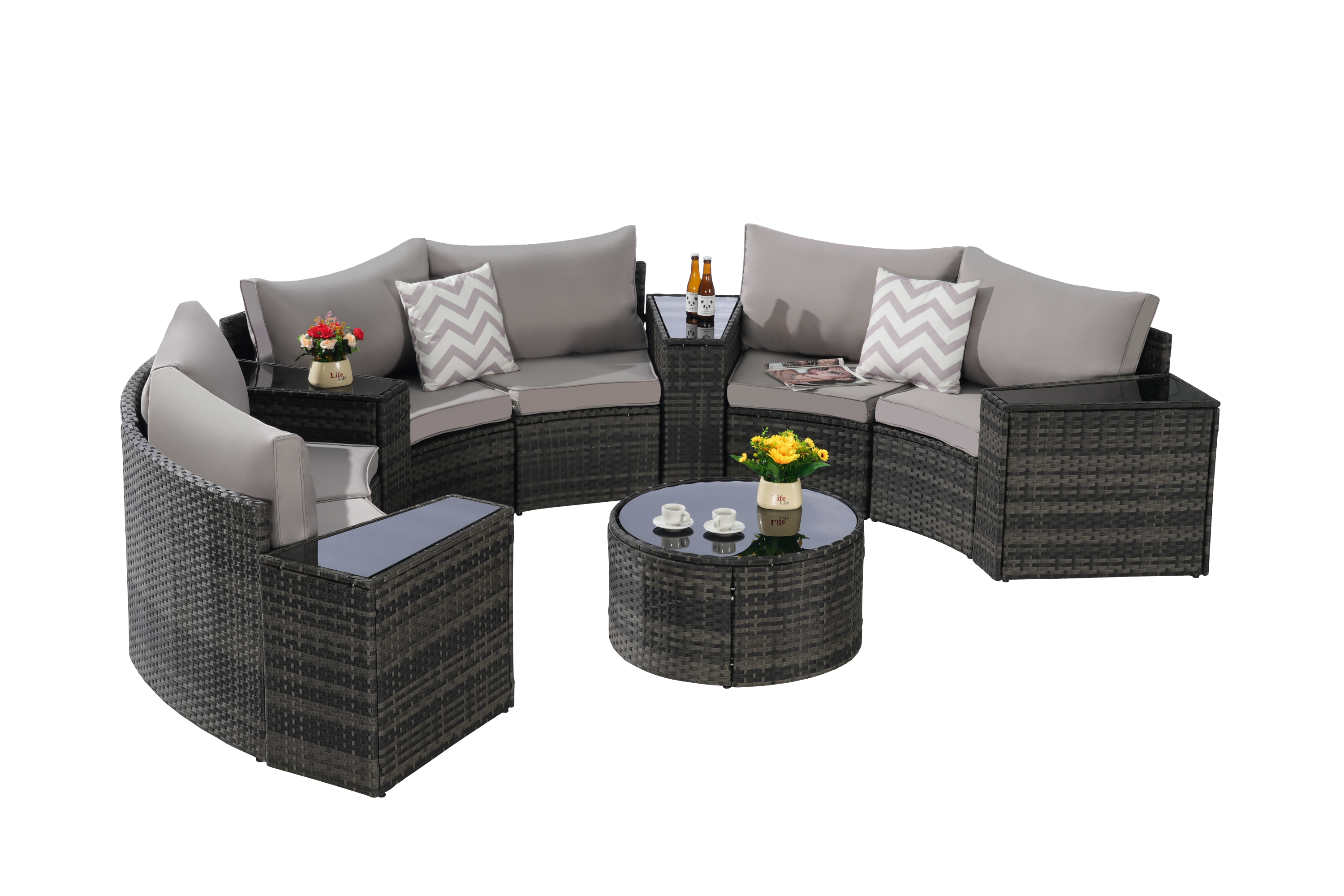 Outdoor Patio Furniture 11-Piece Half-Moon Sectional Round Patio Furniture Set Sofa with Tempered Glass Round Coffee Table
