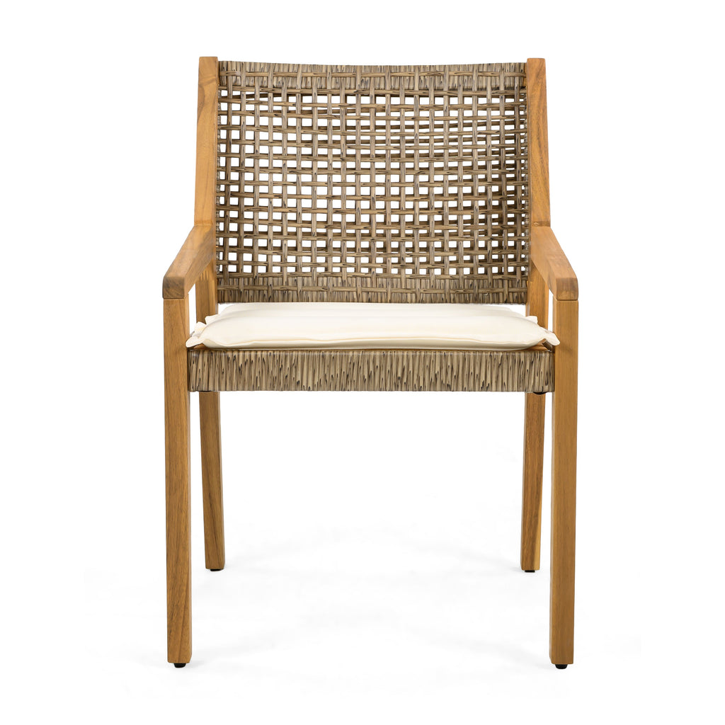 Outdoor Dining Set – Premium Acacia Wood Stamford Table & Wicker Chairs with Cream Cushion for Comfortable Dining Experience,Suitable for large gatherings(1 Table + 4 Chairs)