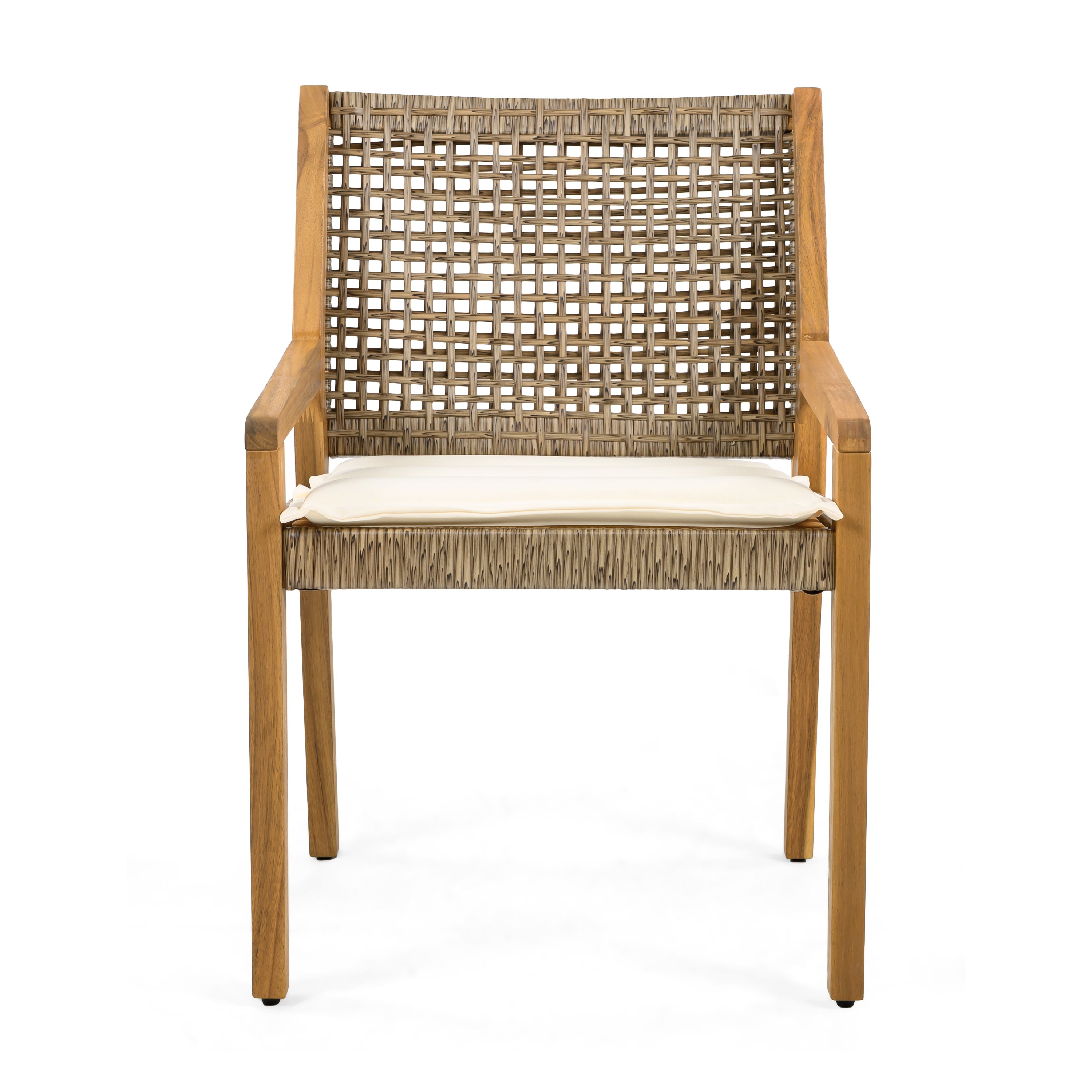 Outdoor Dining Set – Premium Acacia Wood Stamford Table & Wicker Chairs with Cream Cushion for Comfortable Dining Experience,Suitable for large gatherings(1 Table + 4 Chairs)