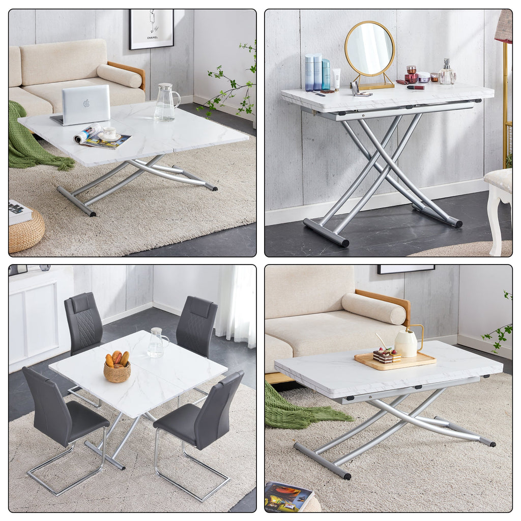 Modern minimalist multifunctional lift table with 0.8 inch MDF desktop and silver metal legs, can be used as a dressing table, coffee table, dining table, and office table