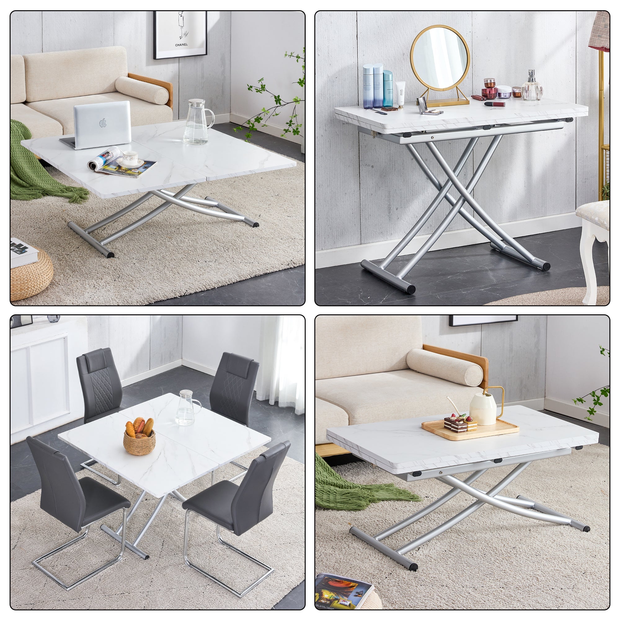 Modern minimalist multifunctional lift table with 0.8 inch MDF desktop and silver metal legs, can be used as a dressing table, coffee table, dining table, and office table
