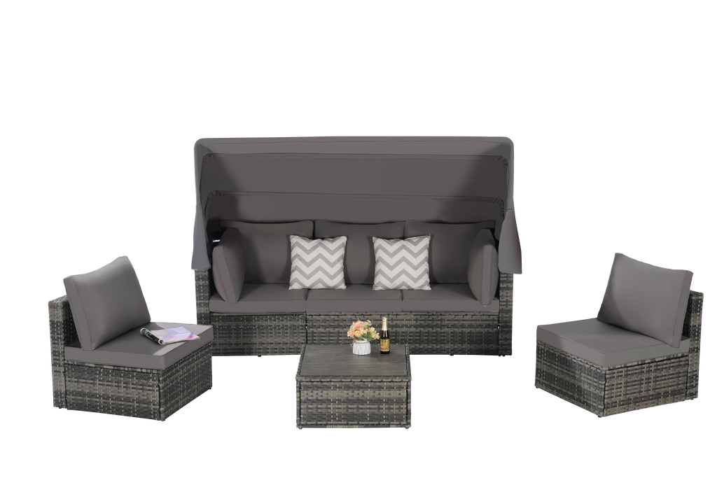 5 Pieces Outdoor Patio Wicker Daybed Furniture Set with Retractable Canopy, Storable Side Table, and Soft Cushions for Relaxing in Your Backyard or Porch