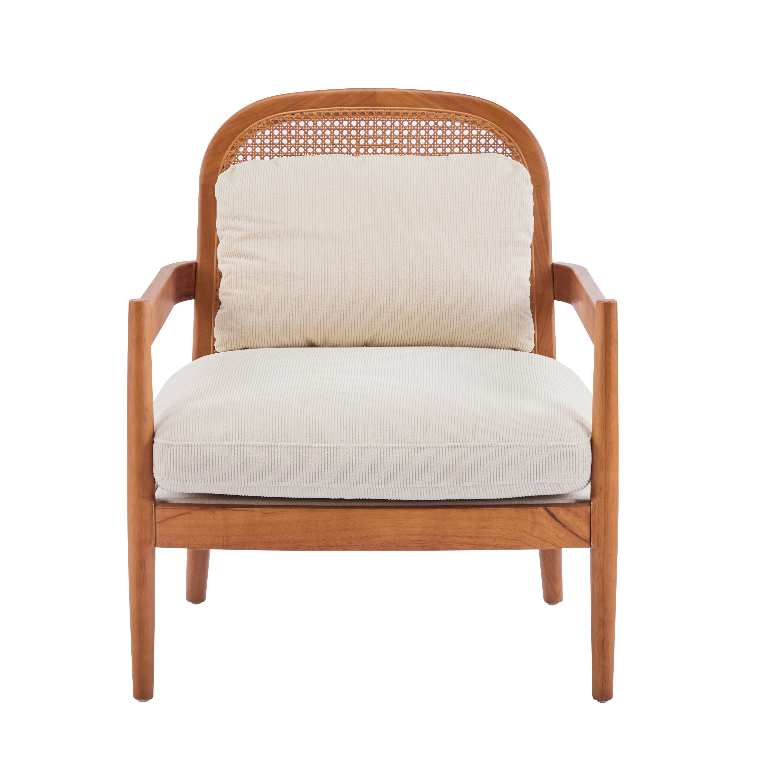 [Set of 2]  26.6' Mid-Century Modern Accent Chair with Walnut Finish Solid Wood Frame and Rattan Backrest, Beige Cushion with Striped Fabric,  Comfy Armchairs for Living Room, Bedroom, Reading Nook