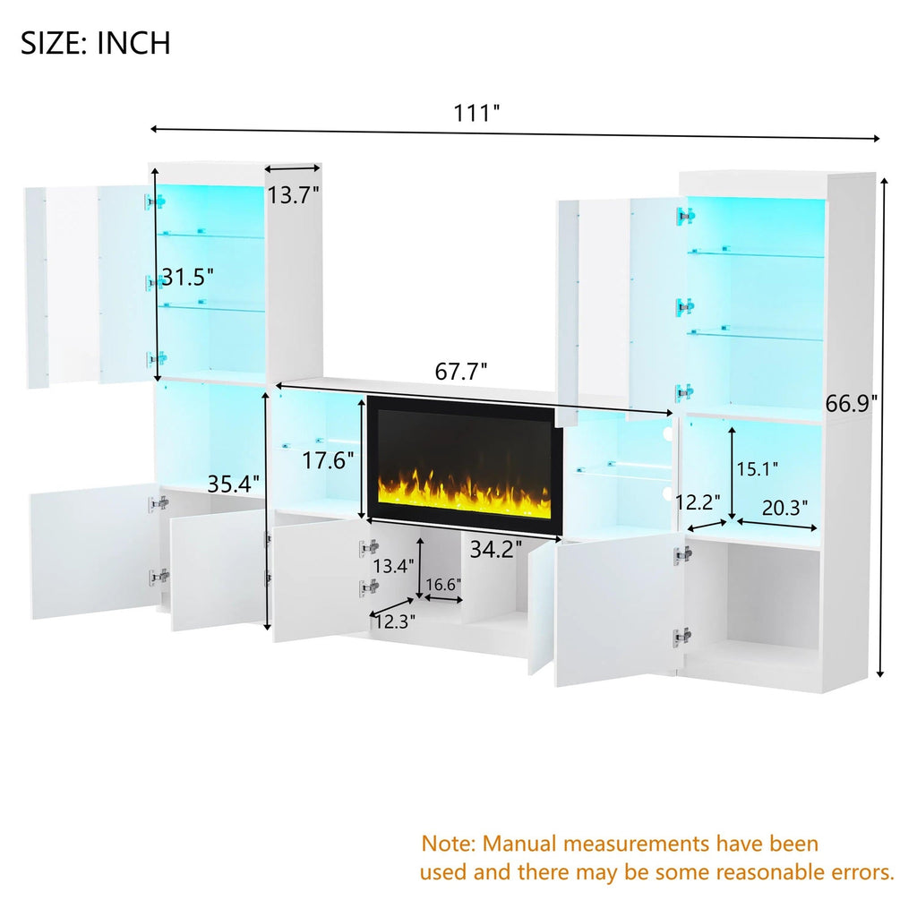 ON-TREND Modern TV Stand with 34.2' Non-heating Electric Fireplace, High Gloss Entertainment Center with LED Lights, Media Console with Tempered Glass Shelves for TVs up to 75', White