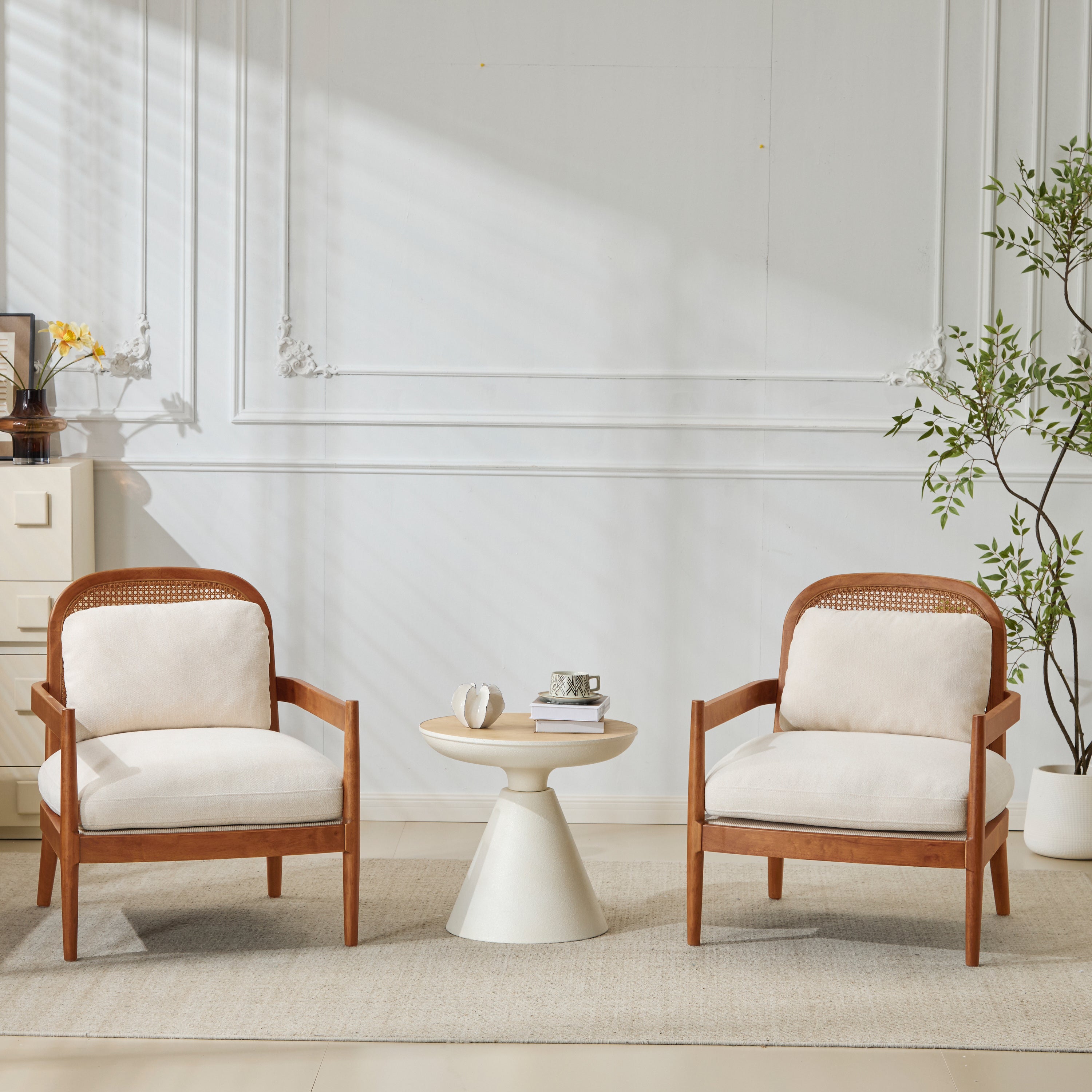 [Set of 2] 26.6' Mid-Century Modern Accent Chair with Light Brown Finish Solid Wood Frame and Rattan Backrest, Beige Cushion, Comfy Armchairs for Living Room, Bedroom, Reading Nook