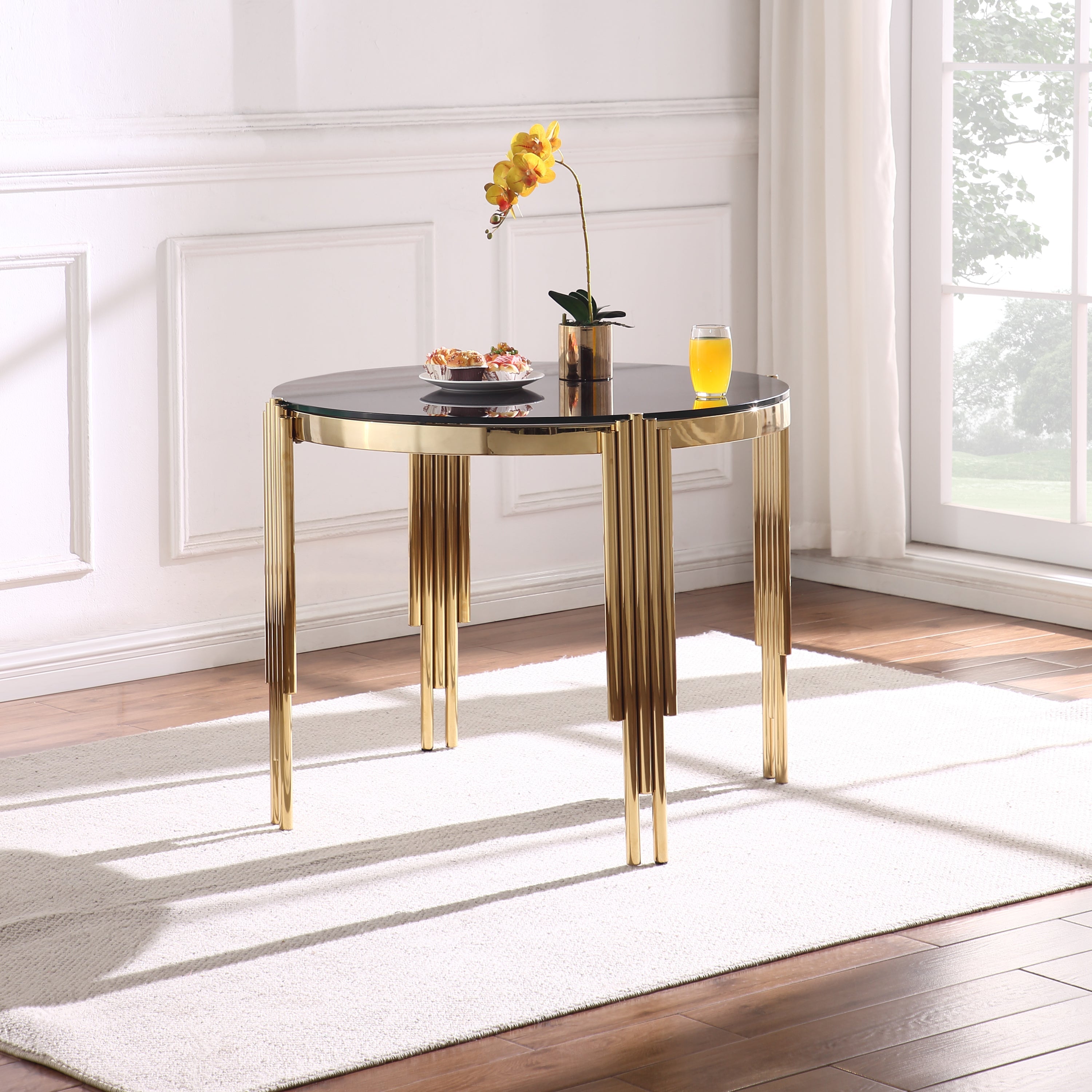 38.6' Round Glass Dining Table, Tempered Glass Tabletop and Polished Gold Legs, Modern Style Table for Home, Kitchen. Dining Room