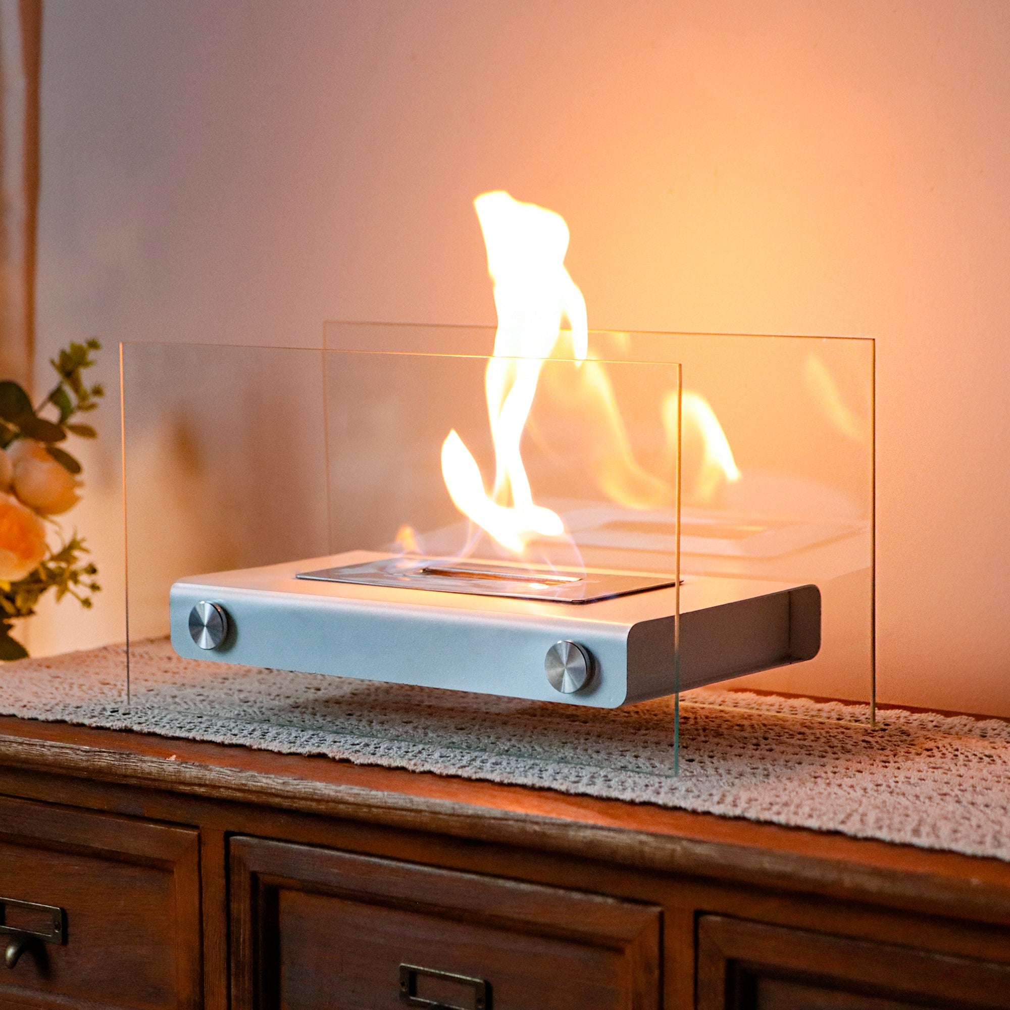 JHY DESIGN 14-inch rectangular white tabletop fire bowl with glass guard for gel/ethanol flames