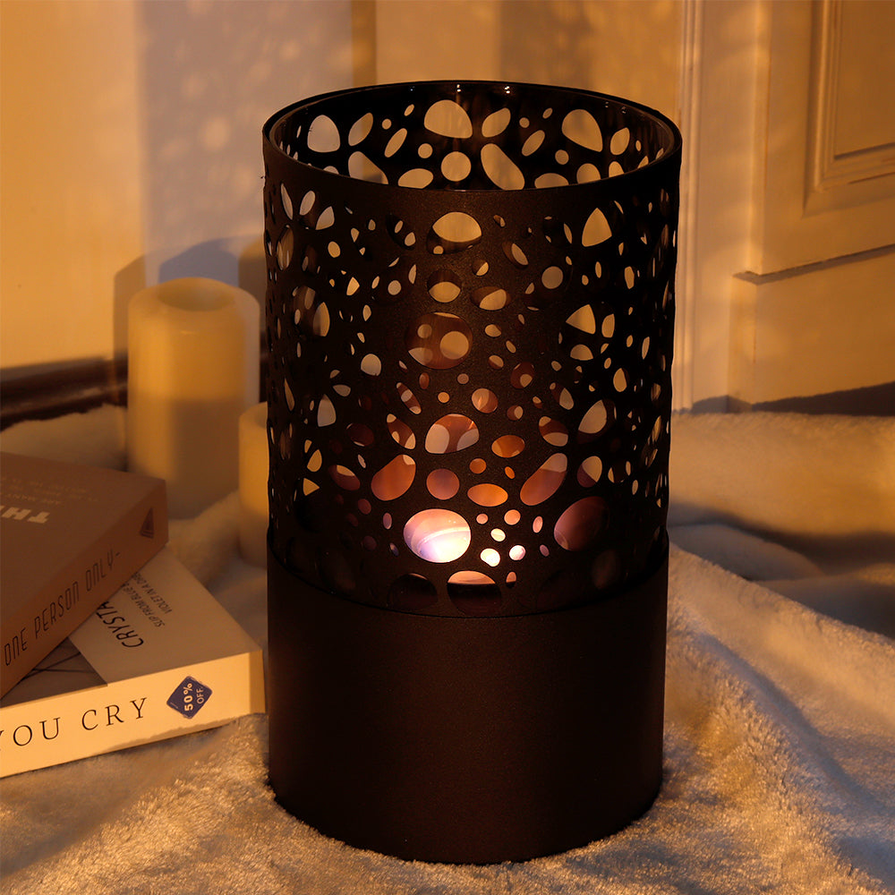 JHY DESIGN 7x7x12 tabletop fireplace in black perforated metal, gel and ethanol flames, warm glow
