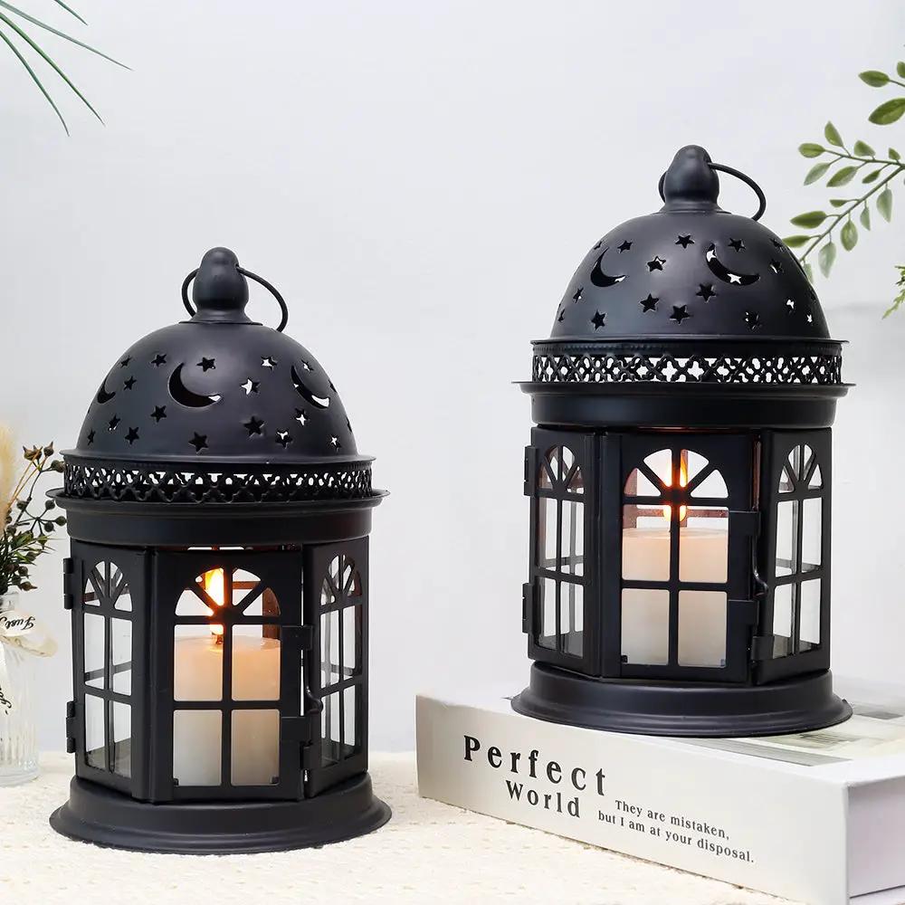 JHY DESIGN 8.5in black metal vintage hanging candle lanterns, set of 2, with star and crescent moon cutouts and glass panels.