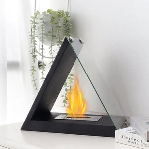 JHY DESIGN glass tabletop fireplace with black triangular metal frame, clear glass panel, gel-fuel flame