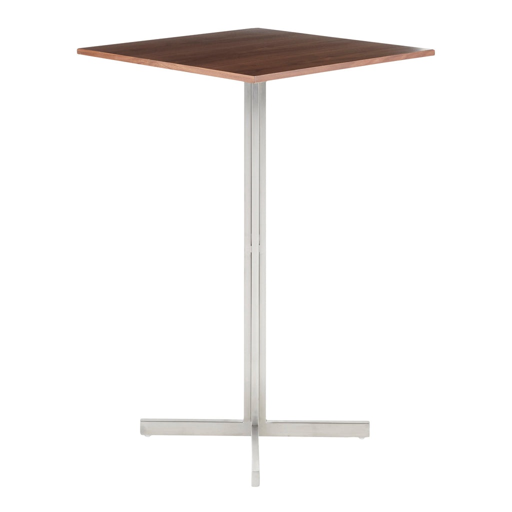Fuji Contemporary Square Bar Table in Stainless Steel with Walnut Wood Top by LumiSource