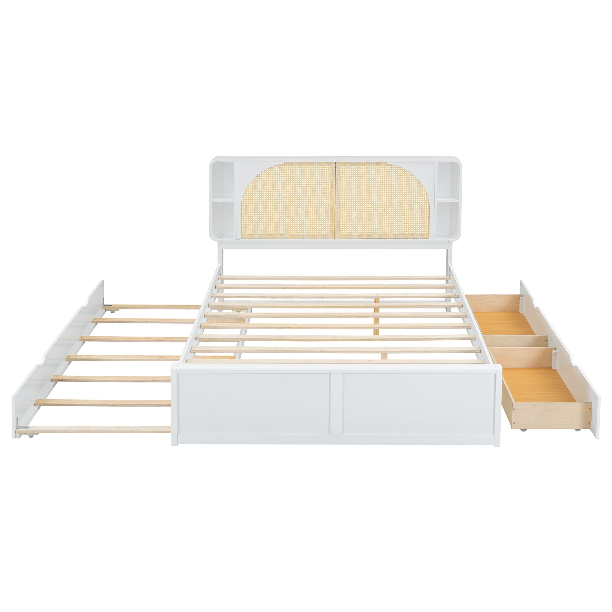 Queen Size Rattan Headboard Bed with Two Drawers and Trundle, White
