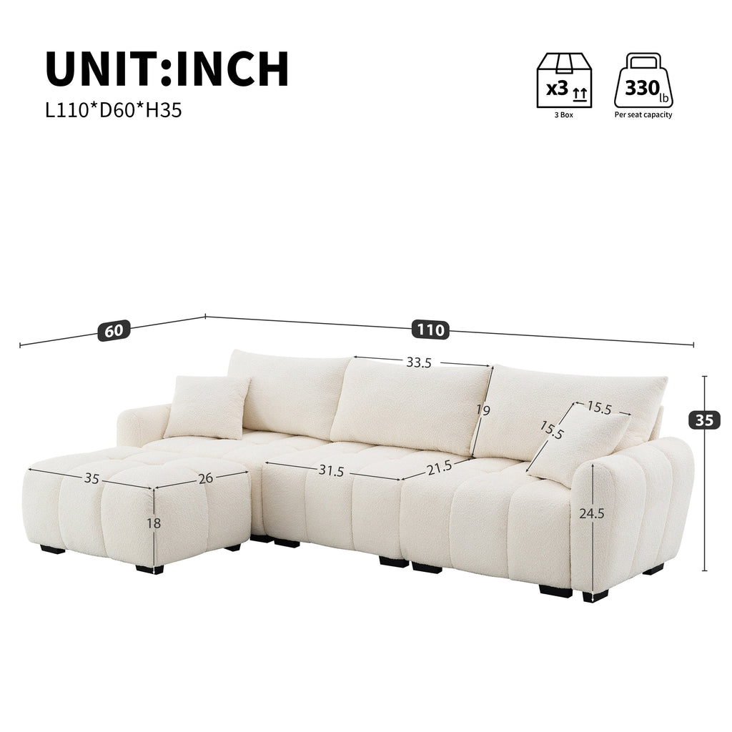 110' Modular Sectional Sofa, L Shape with Extra-large Seat, Pull-line Design, Movable Ottoman, High Density Foam, Free Combination, Sturdy Metal&Wood Frame, Boucle Fabric, 3 Colors